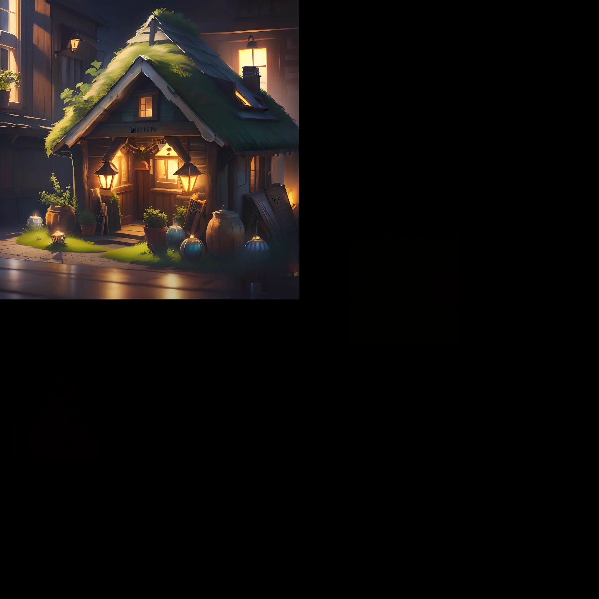 A dimly lit tavern with a sign
outside featuring disastrous lights 16:9 ratio