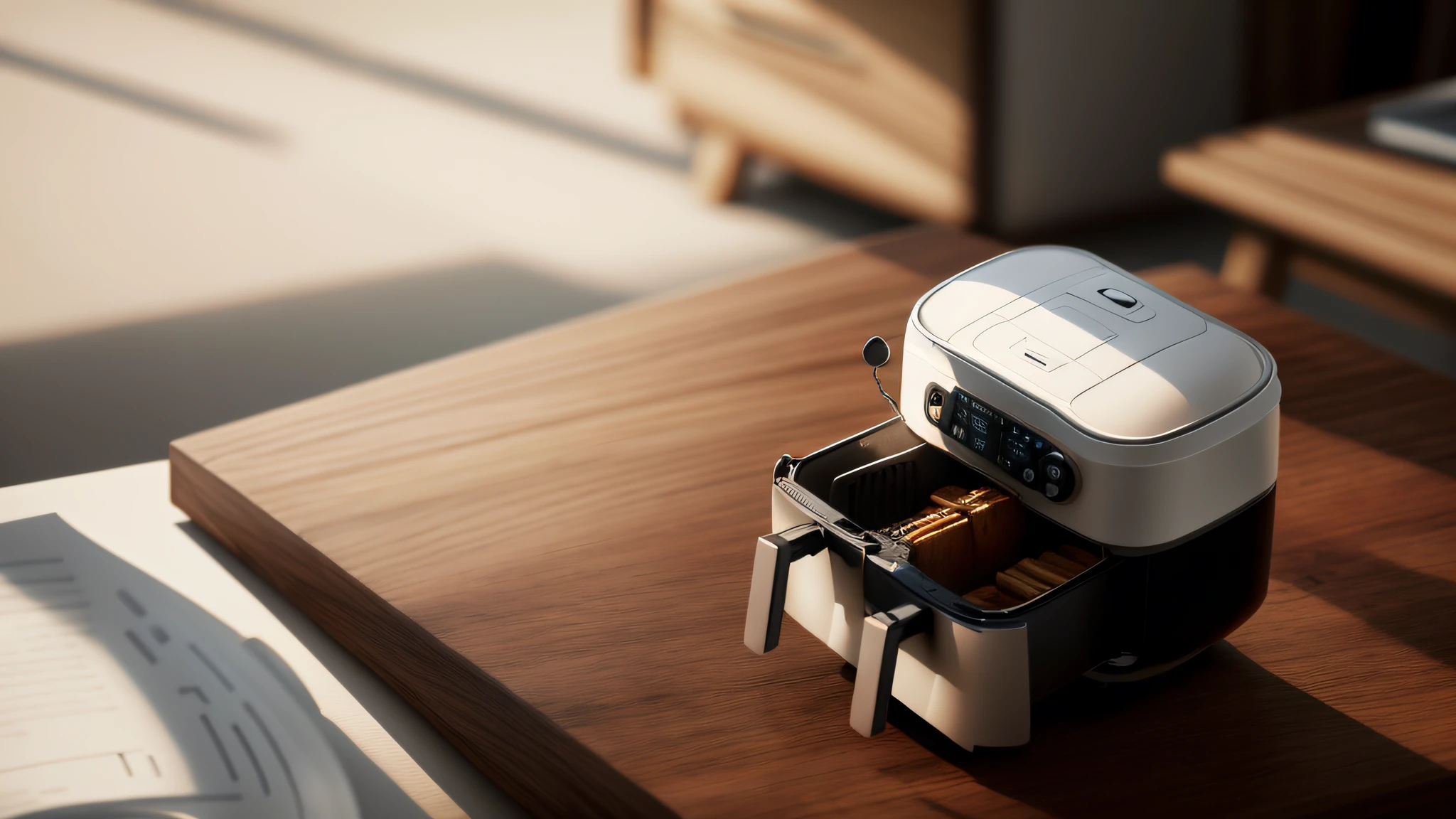 Air fryer placed on the table，Interior design of modern style, Realistic, Photorealistic, 8K, strong light on meeting table，Chiaroscuro, hyper HD, Best picture quality ,realisticlying，Foto realism，cupboard，Lens perspective blur，Bright lights，Realistic lighting