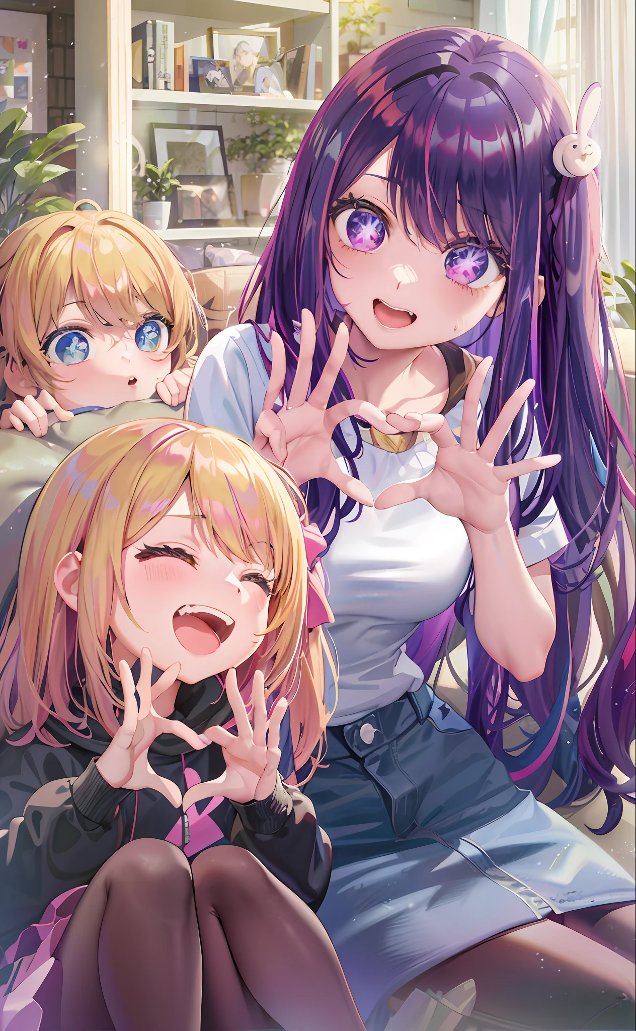 anime girl with purple hair and two other girls sitting on a couch, hololive, visual novels CG, Edgeie anime style, Kawaii realistic portrait, visual novel key visual, ; visual novel, eechi, Smooth anime CG art, DDLC, Edgee style, visual novel, Splash art anime Loli, anime moe art style, Anime! 4K