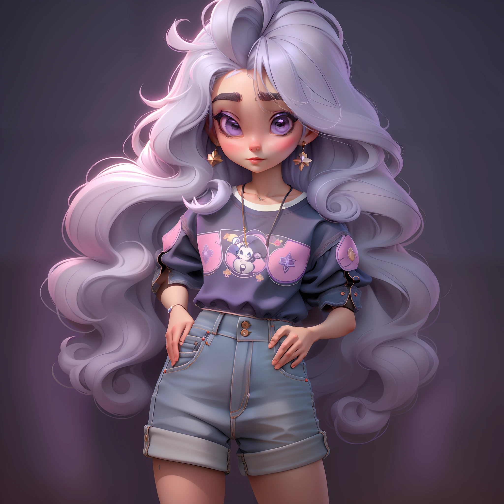 1menina, cabelo longo, sardas, olhos azuis, brincos, joias, solo, shorts jeans, olhando para o espectador, cabelo roxo, cabelo muito longo, jaqueta, (roupa casual) (ornamento de cabelo de estrela), traje rosa, fundo simples, ((disney style))
