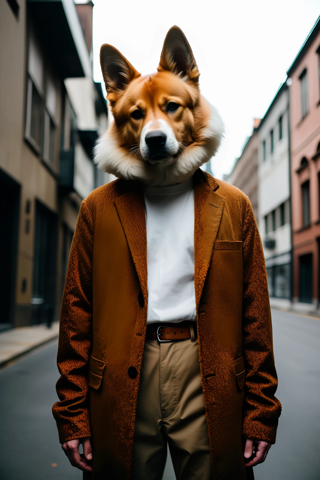 RAW photo, Animal, portrait photo of [Man:Doggy:2] Humanoid creatures in clothes, face, 8K  UHD, Digital SLR, Soft lighting, High quality, filmgrain, Fujifilm XT3