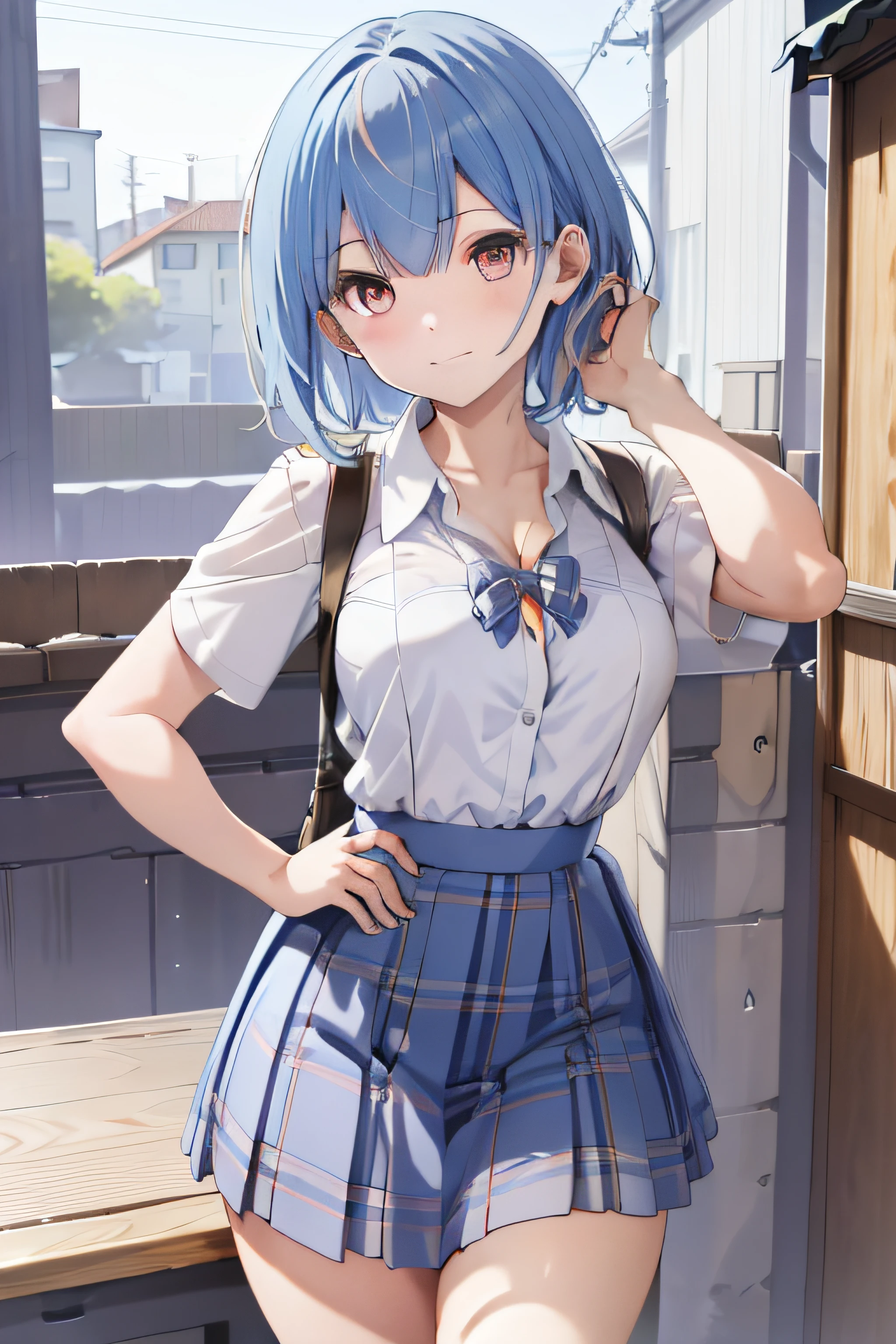 masterpiece, best quality, absurdres, perfect anatomy, 1girl, solo, Sena Kashiwazaki, short hair, butterfly hair ornament, st. chronica academy school uniform, dress shirt, plaid skirt, downblouse, cleavage, leaning forward, arms behind back, standing, smile, red hair, white eyes