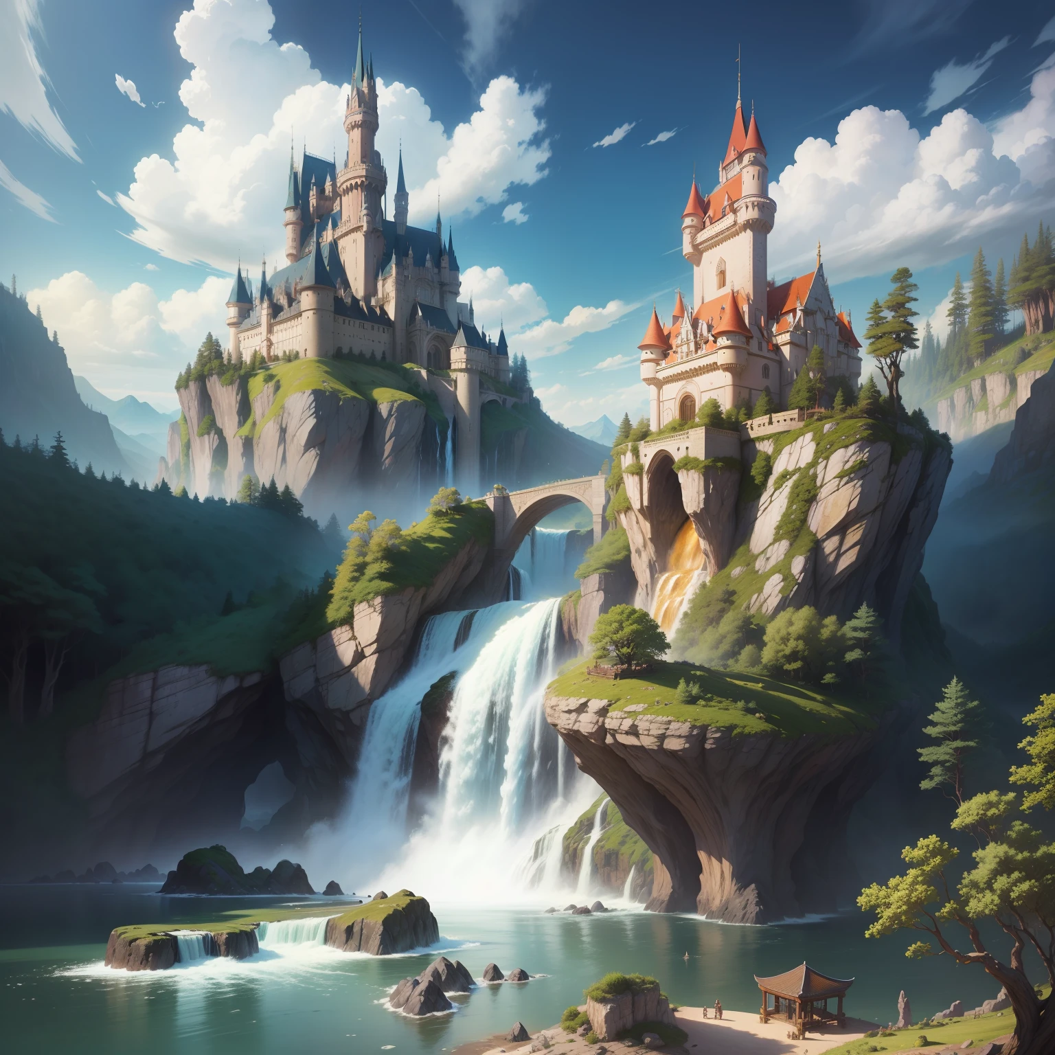 Scale big、A huge castle towering high in the sky and a powerful waterfall flowing、Depicting the highest quality masterpieces of the lush wilderness fantasy world。In ultra-high resolution、Characterized by vivid colors