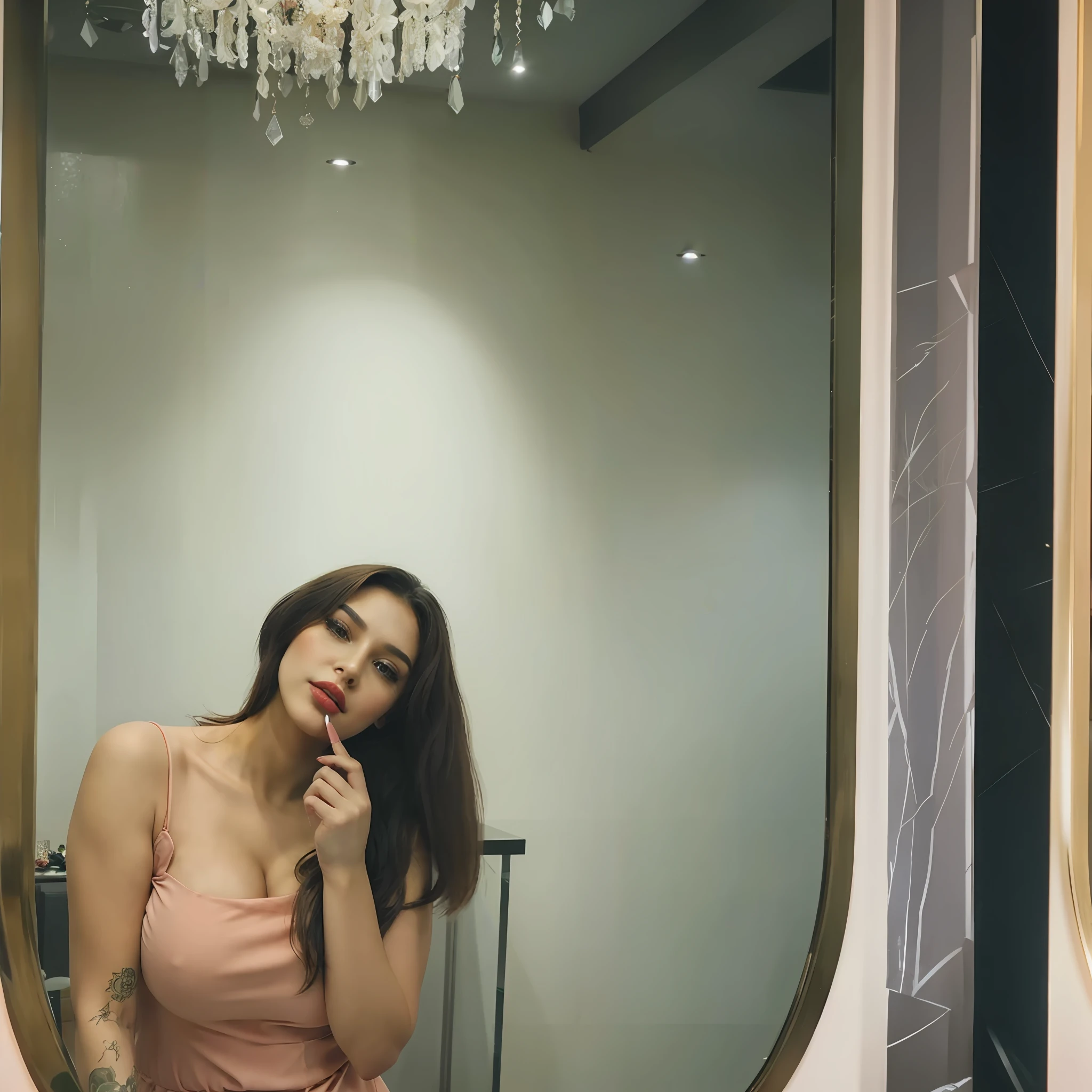 there is a woman in a peach colour dress puting lipstick on her lips , standing in front of mirror, replicate the image2image, big boobs, no extra fingers, realistic face,