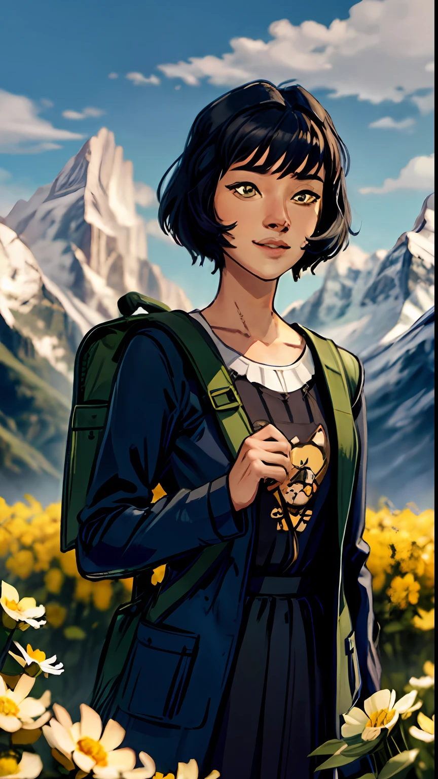 Tip: A very charming OpalTLOK with a backpack and her cute cat enjoying a lovely spring outing surrounded by beautiful yellow flowers and nature. The illustration is a high-definition illustration in 4k resolution, featuring highly detailed facial features and cartoon-style visuals.