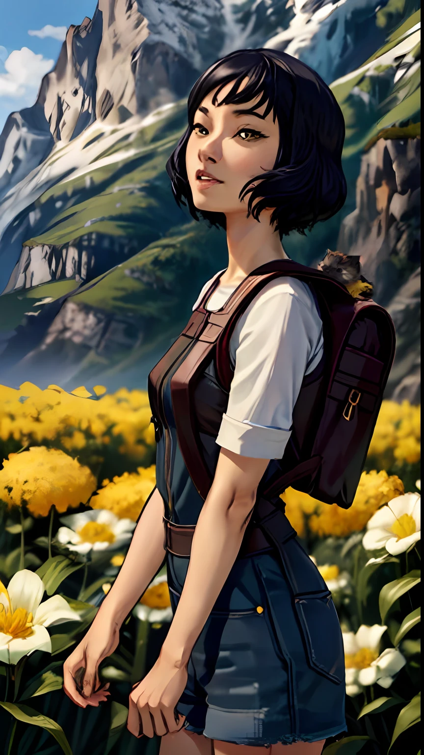 Tip: A very charming OpalTLOK with a backpack and her cute cat enjoying a lovely spring outing surrounded by beautiful yellow flowers and nature. The illustration is a high-definition illustration in 4k resolution, featuring highly detailed facial features and cartoon-style visuals.