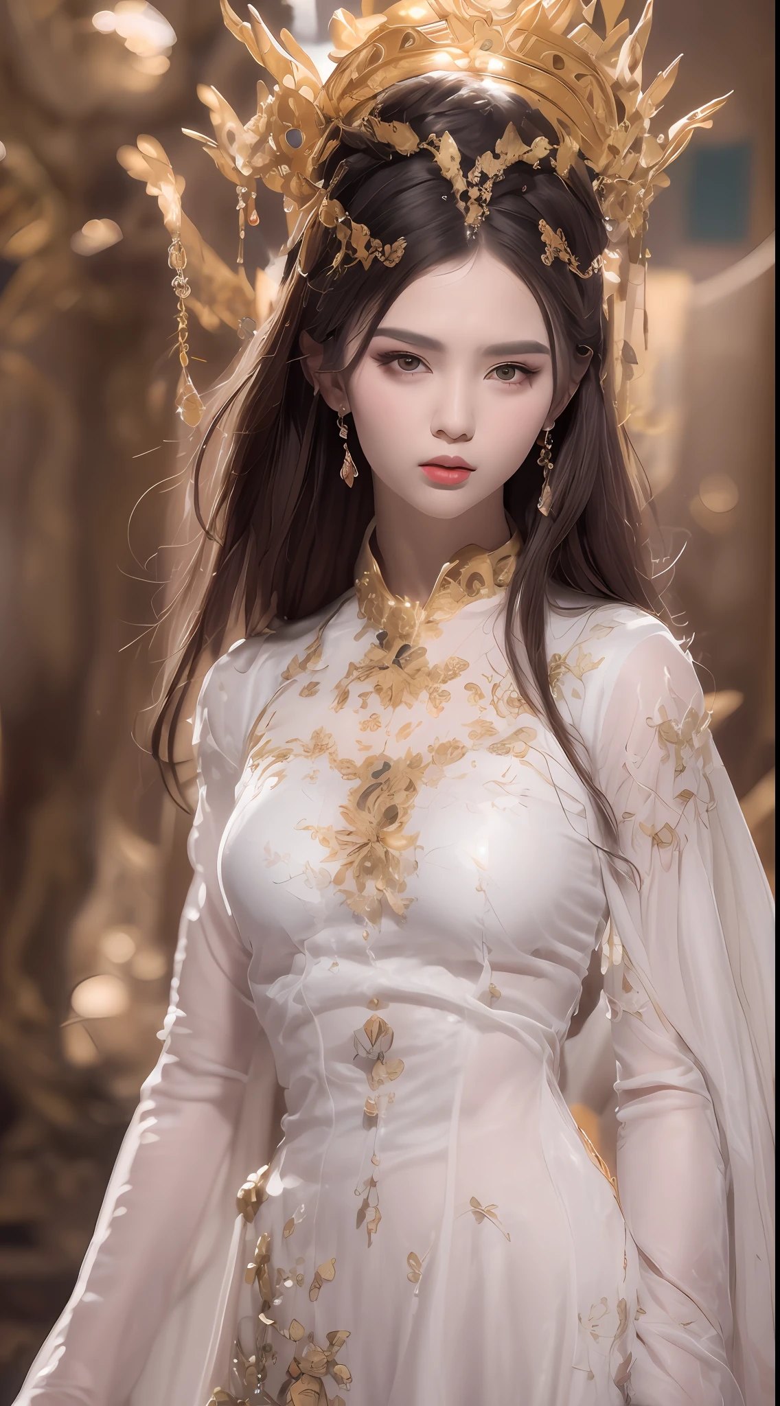 Portrait of a young 20-year-old saint, a saint with a beautiful and super cute face,Wearing a thin red dress with gold edging and glittering and sexy, Ao dai is studded with small sparkling pearls, beautiful cute face, Ao dai with a deep slit in the chest and attractive black and white lace trim, beautiful face without blemishes, shut up, ((long hair seven colors rainbow:1.2)), big crown, hair brooch, hanfu dress, chinese ancient style, full body jewelry, forehead tattoo, The female saint's breasts are round and very full, breast augmentation, innocent face, The most beautiful and detailed light red lipstick, ((Thin plump lips:0.3)), ((Golden eyes:1.2)), The eyes are delicately decorated,(white and detailed) cinematic, light and dark, dramatic lighting, magical light, extremely detailed light, true color, super sharp, realistic, 8k quality, fantasy universe background, saints and magical space, the most detailed images, Solo, a saintess, ((looking directly at the saint's upper body:0.4)), ((smooth skin:0.5)), Extremely detailed pixels, super true, extremely detailed and complex graphics, the highest resolution, close-up portrait,