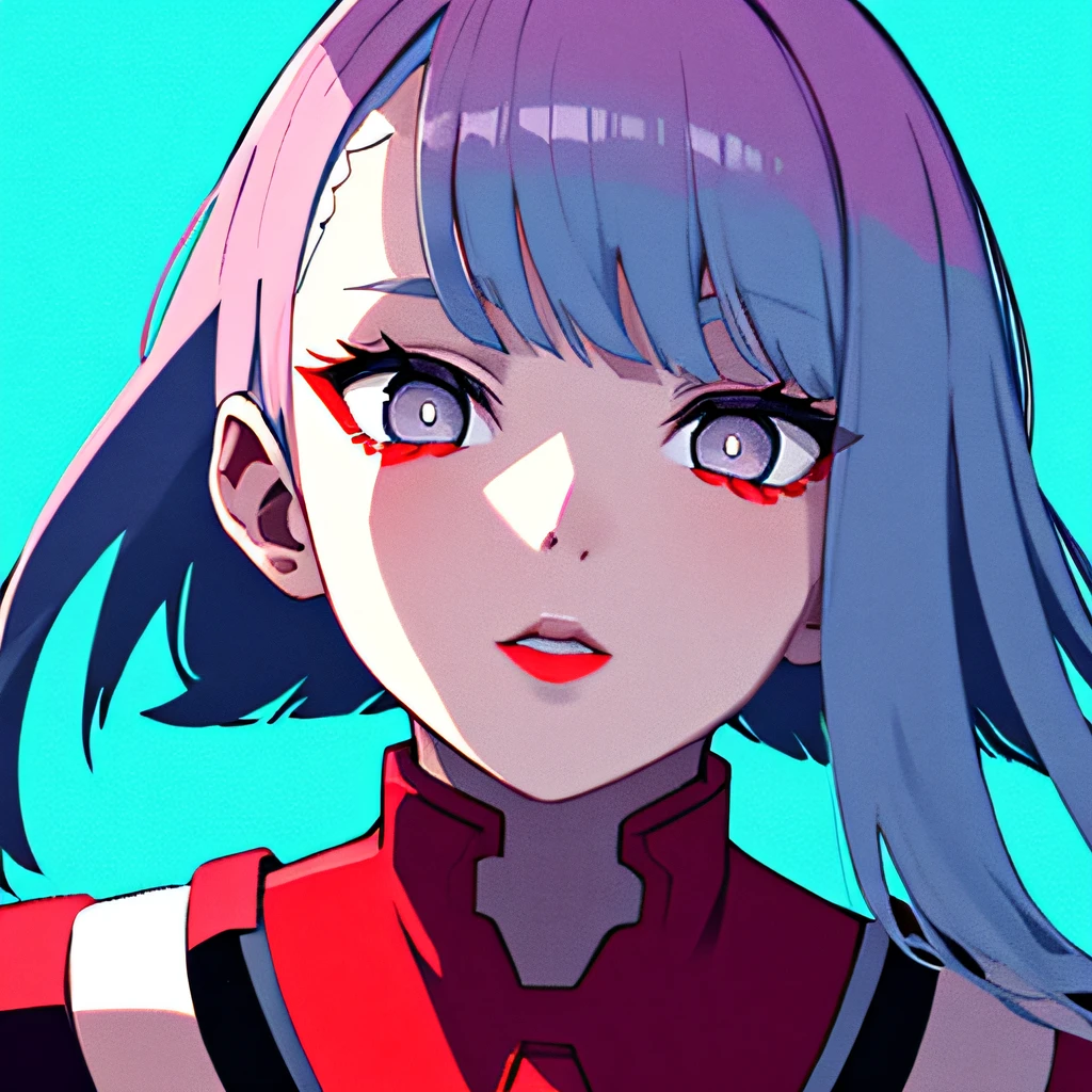 lucy \(cyberpunk\), 1girl, bangs, blue hair, colored tips, grey eyes, jacket, long sleeves, looking at viewer, medium hair, face portrait, multicolored hair, hair flying upwards, parted lips, parted bangs, (crazy eyes), eyes open wide, half face, pink hair, portrait, red eyeliner, red lips, solo, white jacket, cyberpunk \(series\), cyberpunk edgerunners