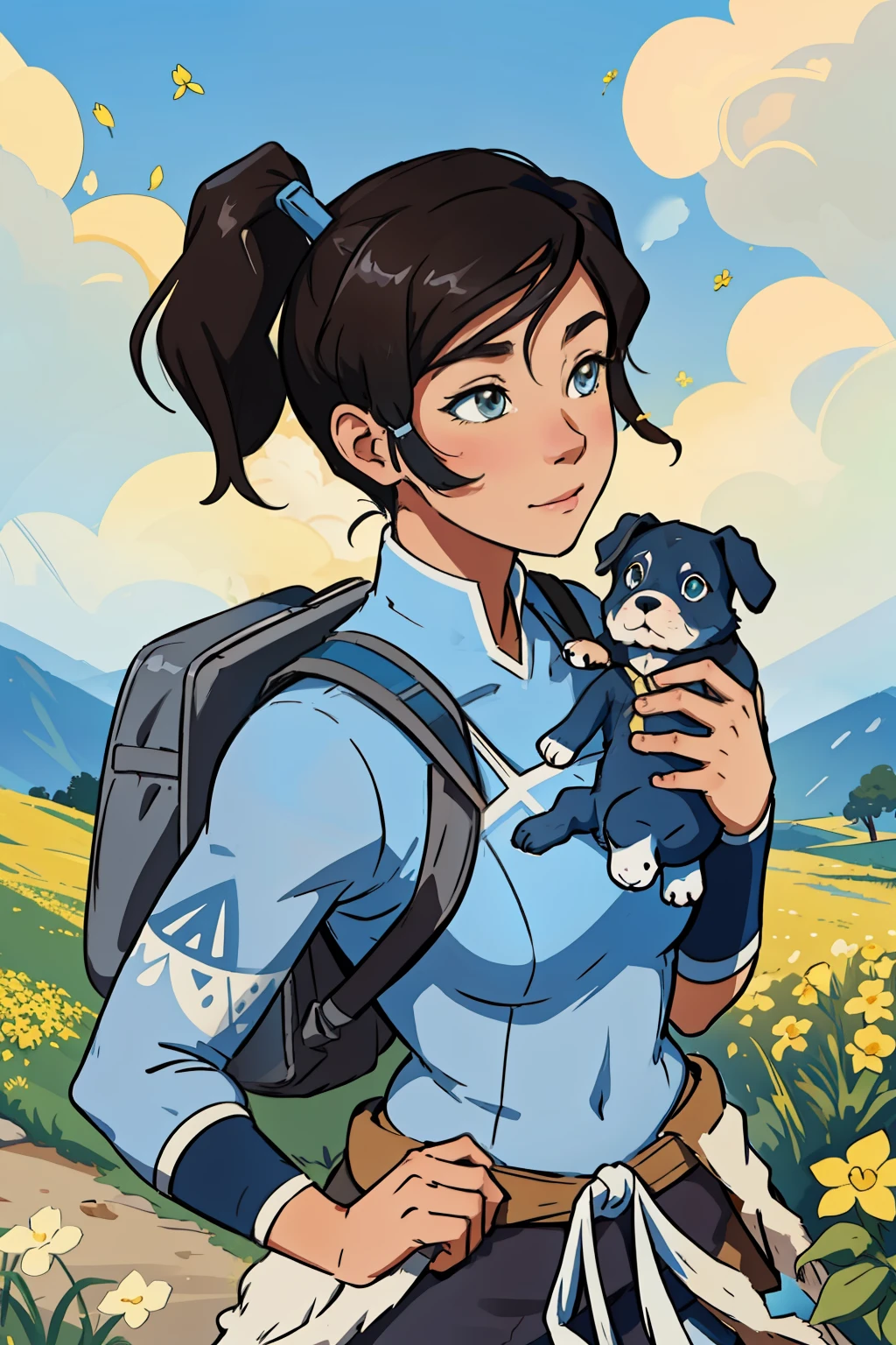 Tip: A very charming korra with a backpack and her cute puppy enjoying a lovely spring outing surrounded by beautiful yellow flowers and nature. The illustration is a high-definition illustration in 4k resolution, featuring highly detailed facial features and cartoon-style visuals