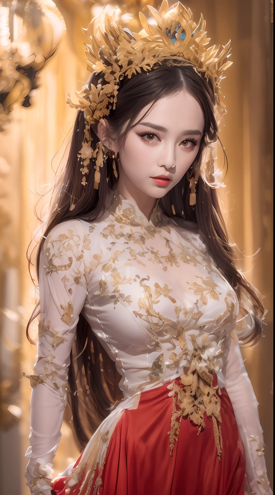 Portrait of a young 20-year-old saint, a saint with a beautiful and super cute face,Wearing a thin red dress with gold edging and glittering and sexy, Ao dai is studded with small sparkling pearls, beautiful cute face, Ao dai with a deep slit in the chest and attractive black and white lace trim, beautiful face without blemishes, shut up, ((long hair seven colors rainbow:1.2)), big crown, hair brooch, hanfu dress, chinese ancient style, full body jewelry, forehead tattoo, The female saint's breasts are round and very full, breast augmentation, innocent face, The most beautiful and detailed light red lipstick, ((Thin plump lips:0.3)), ((Golden eyes:1.2)), The eyes are delicately decorated,(white and detailed) cinematic, light and dark, dramatic lighting, magical light, extremely detailed light, true color, super sharp, realistic, 8k quality, fantasy universe background, saints and magical space, the most detailed images, Solo, a saintess, ((looking directly at the saint's upper body:0.4)), ((smooth skin:0.5)), Extremely detailed pixels, super true, extremely detailed and complex graphics, the highest resolution, close-up portrait,