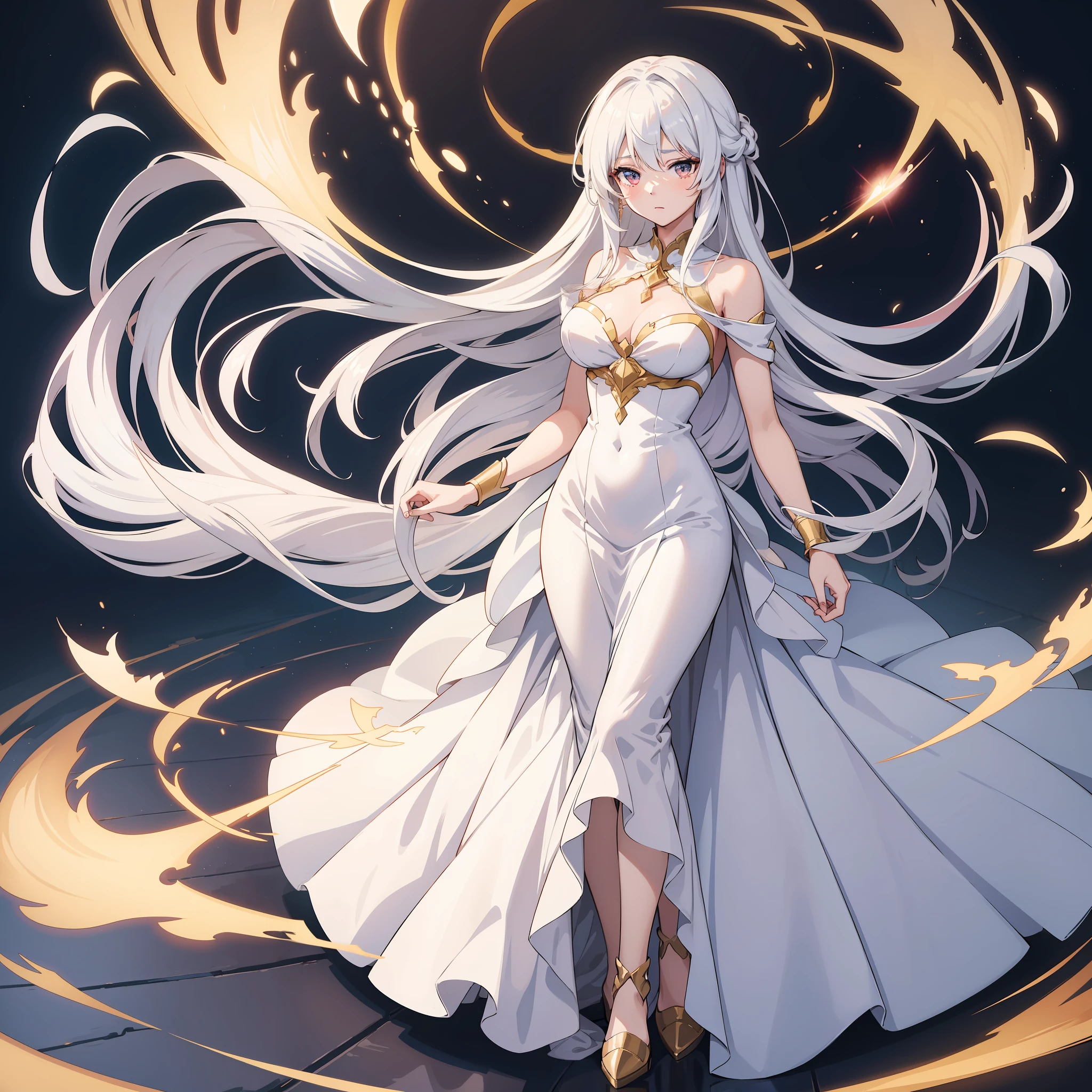 Illustrate an anime girl with flowing hair, adorned in an elegant gown, and surrounded by a soft glow of magic, white hair, full body shot