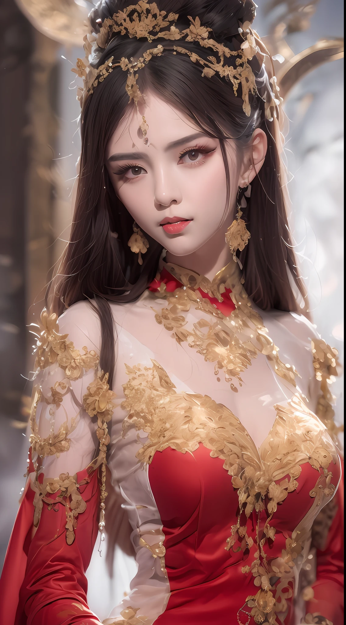 Portrait of a young 20-year-old saint, a saint with a beautiful and super cute face,Wearing a thin red dress with gold edging and glittering and sexy, Ao dai is studded with small sparkling pearls, beautiful cute face, Ao dai with a deep slit in the chest and attractive black and white lace trim, beautiful face without blemishes, shut up, ((long hair seven colors rainbow:1.2)), big crown, hair brooch, hanfu dress, chinese ancient style, full body jewelry, forehead tattoo, The female saint's breasts are round and very full, breast augmentation, innocent face, The most beautiful and detailed light red lipstick, ((Thin plump lips:0.3)), ((Golden eyes:1.2)), The eyes are delicately decorated,(white and detailed) cinematic, light and dark, dramatic lighting, magical light, extremely detailed light, true color, super sharp, realistic, 8k quality, fantasy universe background, saints and magical space, the most detailed images, Solo, a saintess, ((looking directly at the saint's upper body:0.4)), ((smooth skin:0.5)), Extremely detailed pixels, super true, extremely detailed and complex graphics, the highest resolution, close-up portrait,