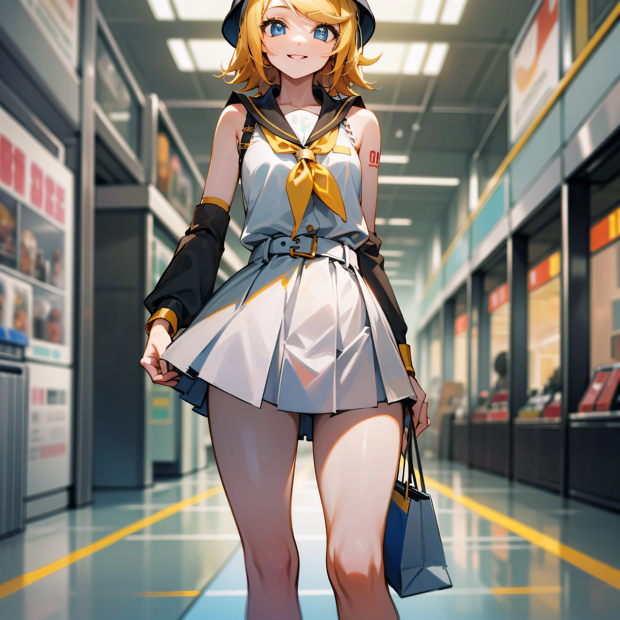 masterpiece, best quality, absurdres, perfect anatomy, 1girl, solo, Kagamine Rin, short hair, number tattoo, bucket hat, high-waist skirt, long skirt, white skirt, black shirt, sleeveless, smile, standing, indoors, shopping mall