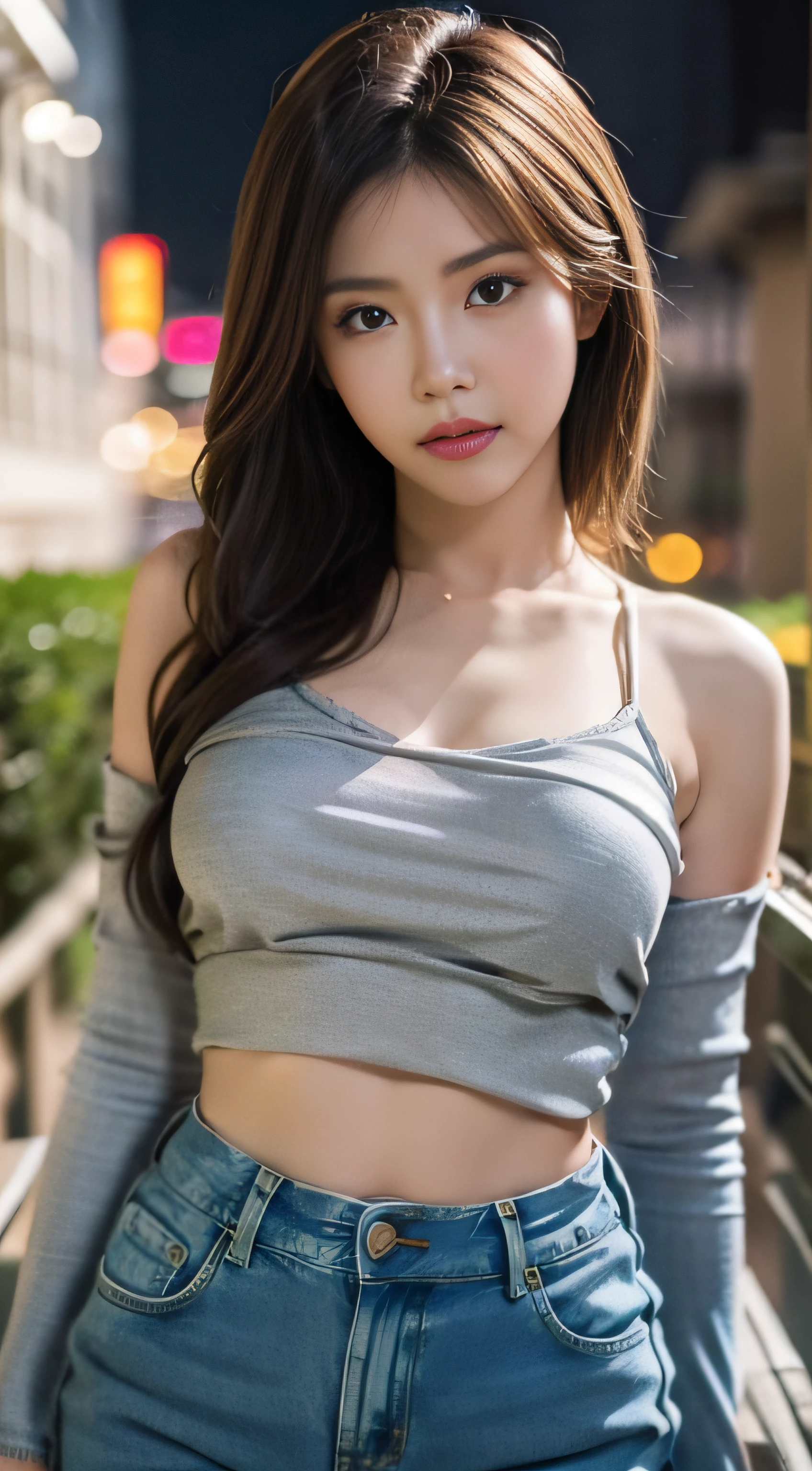A Chinese woman on the rooftop of a tall building at night, com cabelos macios, rosto delicado, Realistic, real, esguio, grande abertura, fotos sensuais, poses atraentes, Modelo do Instagram, vestindo jeans preto e top cinza claro, tight jeans, long pants, camisa cropped | | | |, umbigo aberto, mangas curtas, camisa cinza claro, camisa apertada, black jeans, tampo cinza claro,