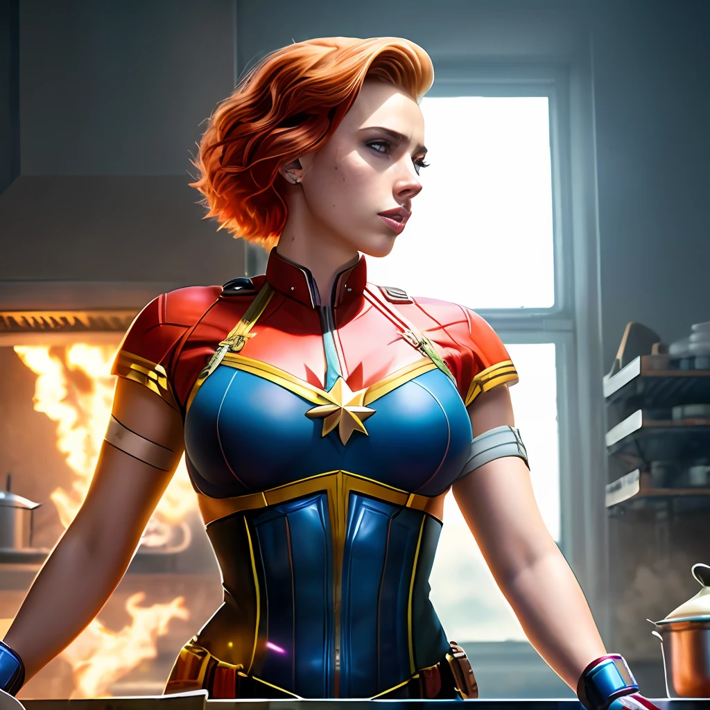 Scarlett Johansson, comic, portrait of a cyberpunk-maid, undercut hair, auburn hair, freckles, except for apron+, big breast, amazing body, pronounced feminine features, legwear suspenders, kitchen, close up, skin covered by flour, in a captain Marvel suit