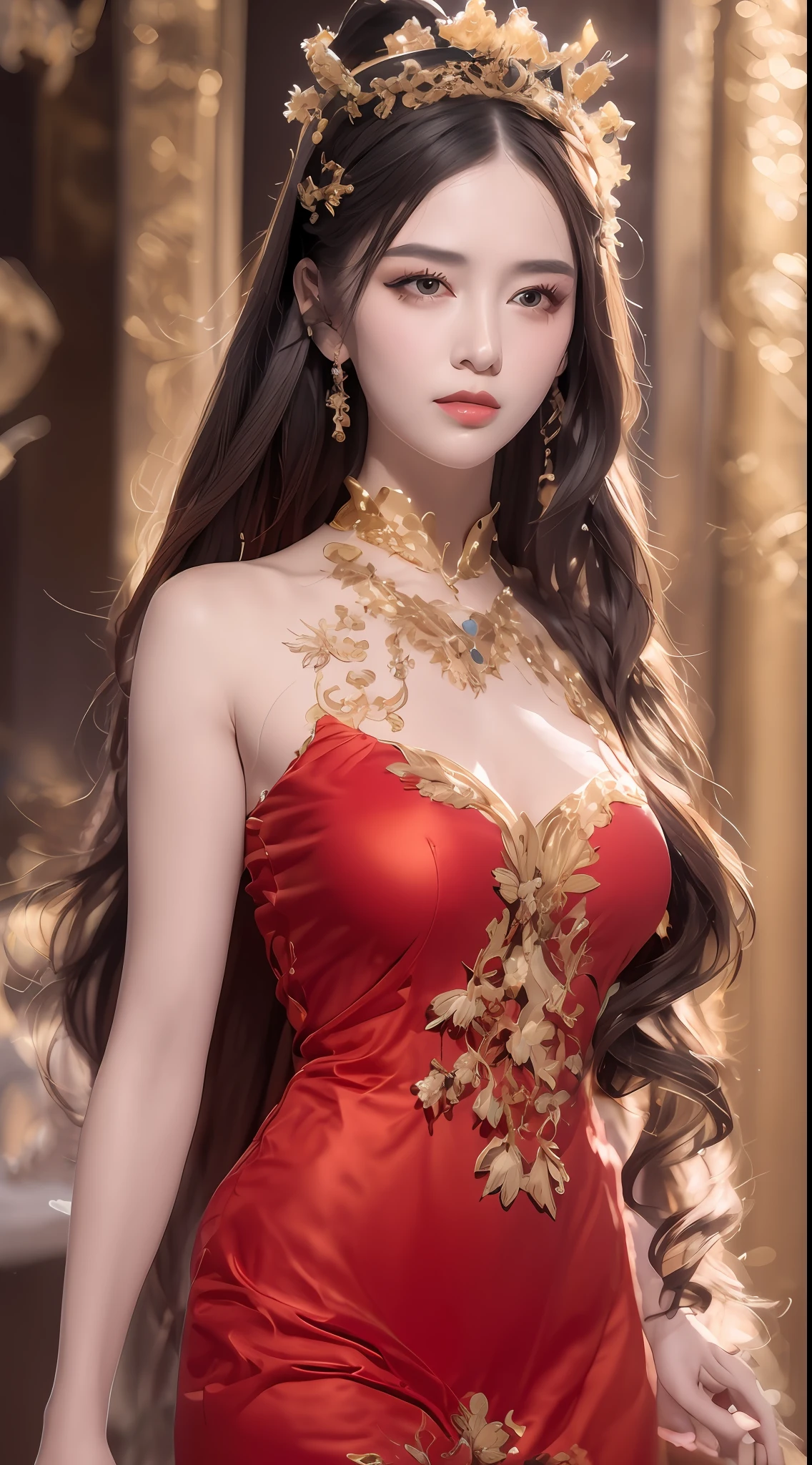 Portrait of a young 20-year-old saint, a saint with a beautiful and super cute face,Wearing a thin red dress with gold edging and glittering and sexy, Ao dai is studded with small sparkling pearls, beautiful cute face, Ao dai with a deep slit in the chest and attractive black and white lace trim, beautiful face without blemishes, shut up, ((long hair seven colors rainbow:1.2)), big crown, hair brooch, hanfu dress, chinese ancient style, full body jewelry, forehead tattoo, The female saint's breasts are round and very full, breast augmentation, innocent face, The most beautiful and detailed light red lipstick, ((Thin plump lips:0.3)), ((Golden eyes:1.2)), The eyes are delicately decorated,(white and detailed) cinematic, light and dark, dramatic lighting, magical light, extremely detailed light, true color, super sharp, realistic, 8k quality, fantasy universe background, saints and magical space, the most detailed images, Solo, a saintess, ((looking directly at the saint's upper body:0.4)), ((smooth skin:0.5)), Extremely detailed pixels, super true, extremely detailed and complex graphics, the highest resolution, close-up portrait,