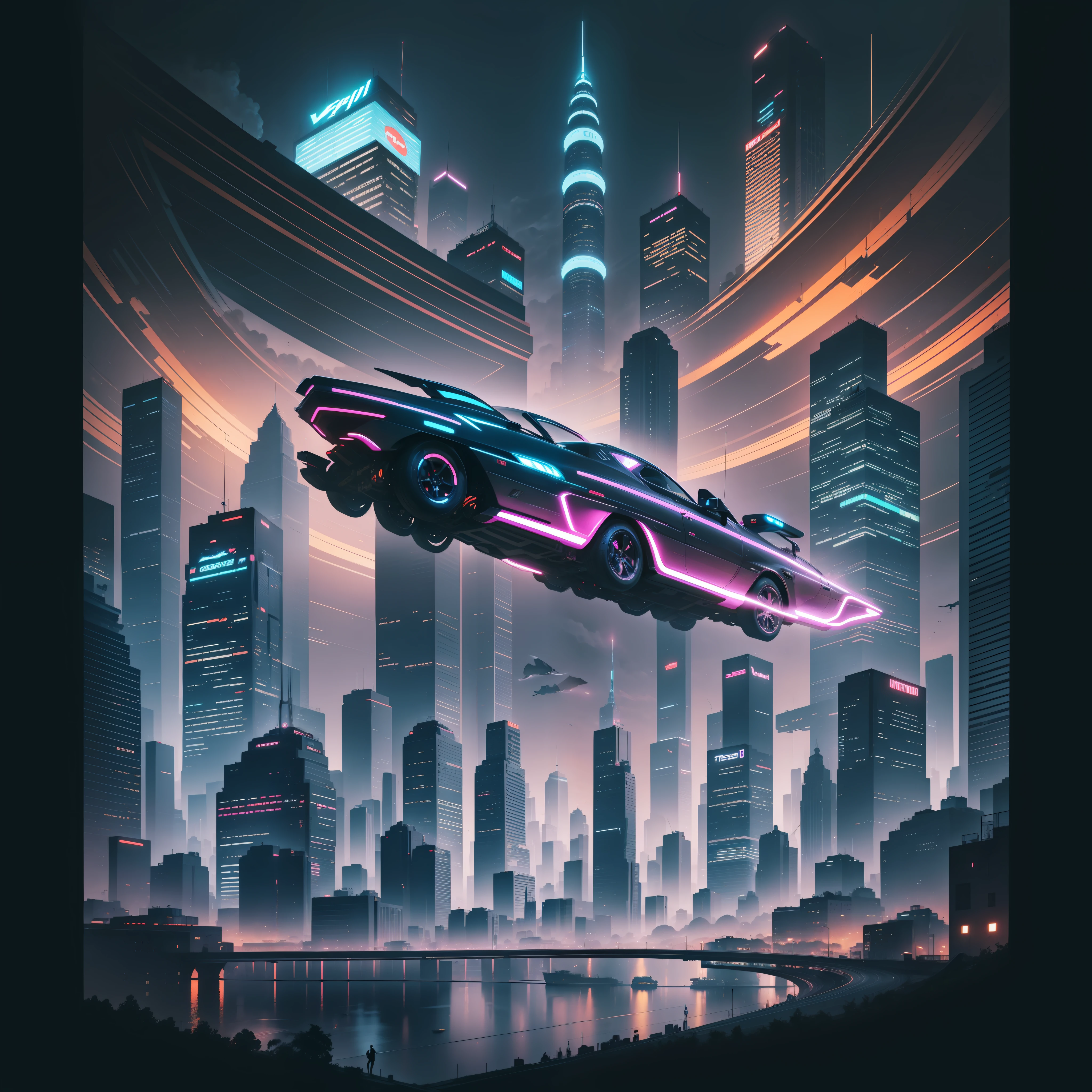 "t-shirt vector, t-shirt design, a vibrant and dynamic futuristic cityscape with towering skyscrapers illuminated by vibrant neon lights, bustling with futuristic flying cars and sleek hoverbikes zipping through the air"