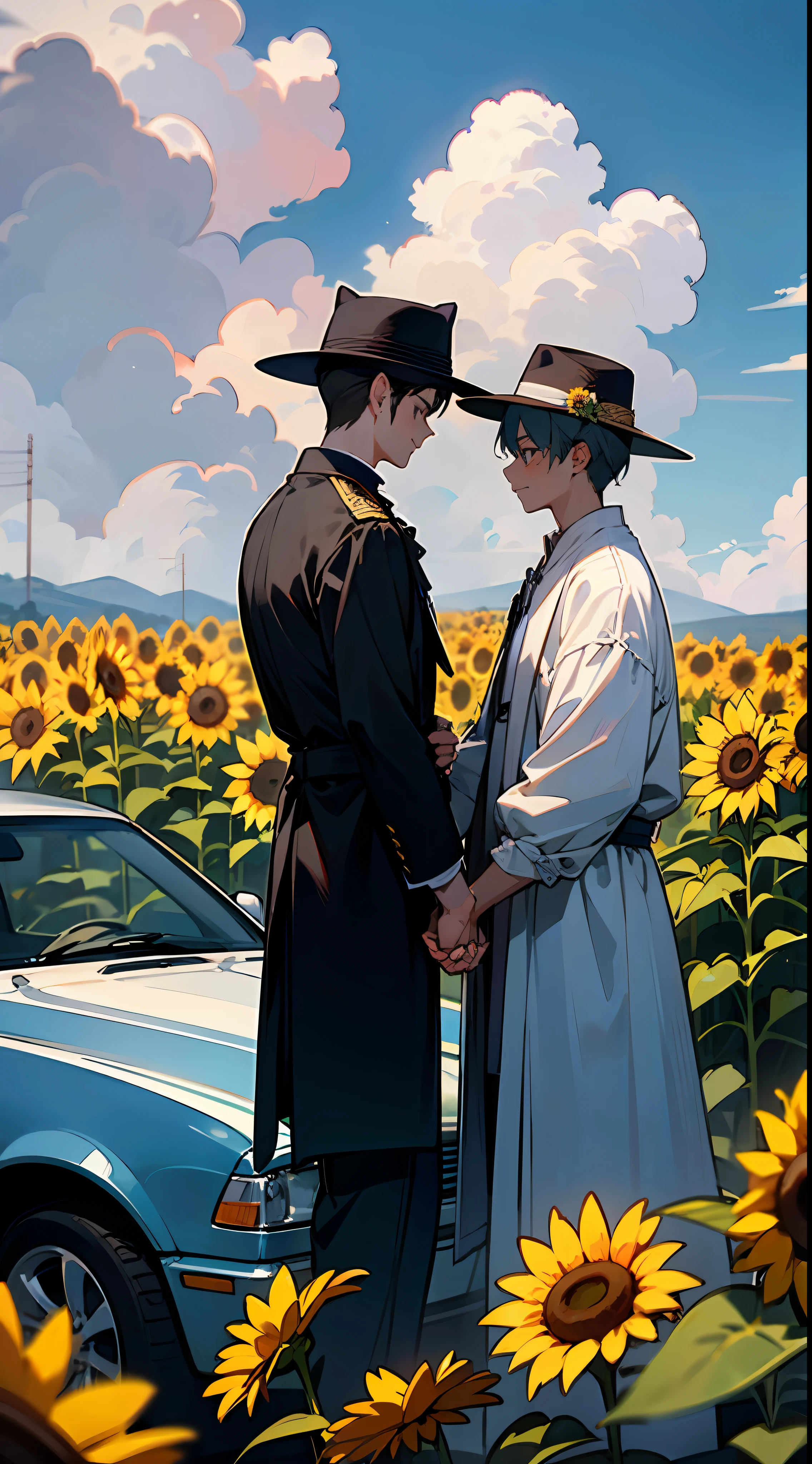 Handsome boy in black hat and handsome boy in octagonal hat holding hands in a cloudy sunflower field，A gentle breeze ruffled their costumes，Parking the car in the distance。