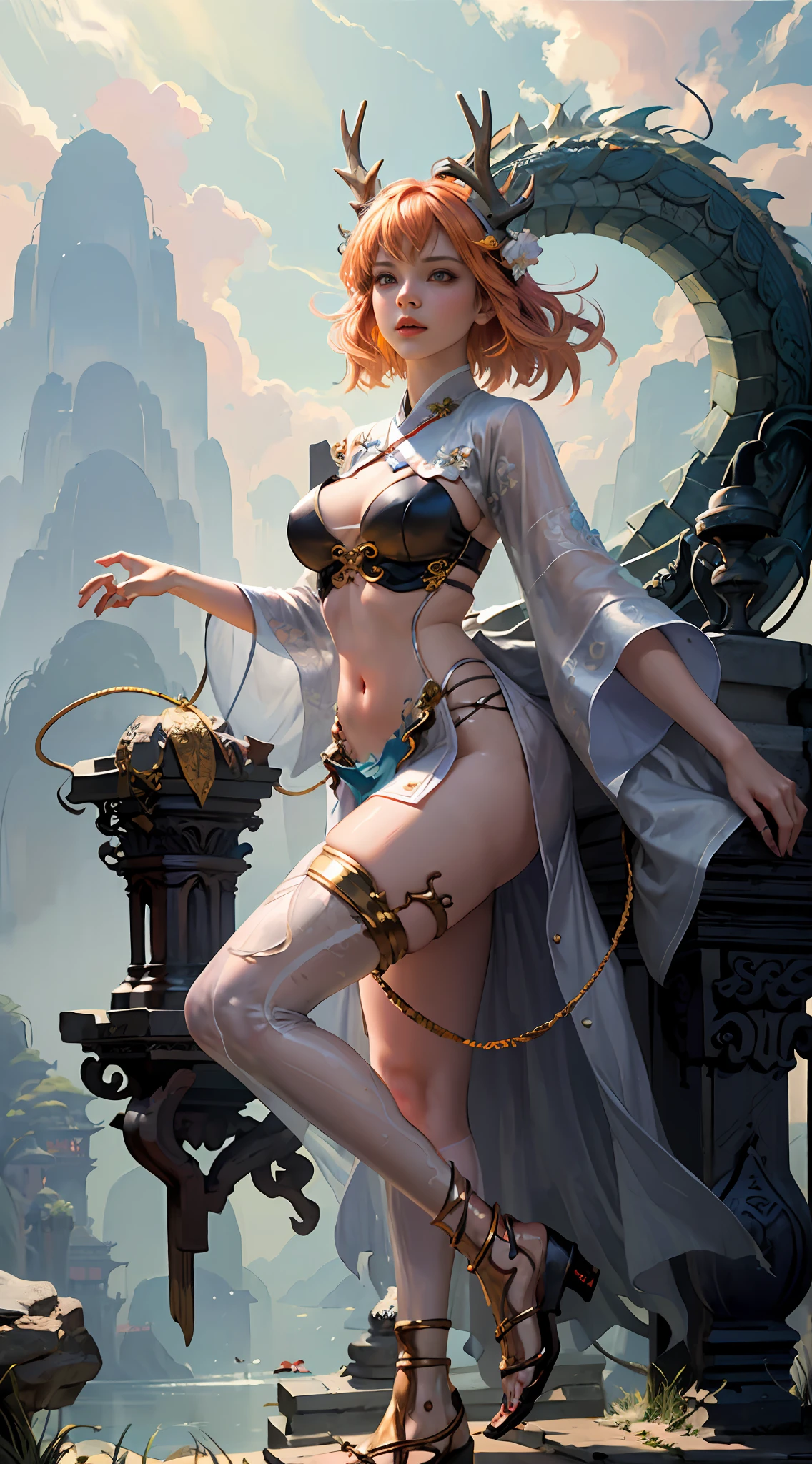 (Realistic, Photo Realistic: 1.3), Extremely Refined and Beautiful, Amazing, Fine Detail, (Best Illustration), (Best Shadow), Intricate, (Behind an Orange Chinese Dragon (Dragon: 1.4), Surrounded by Flames, Black Mountains, Trees, Magma, Wind, Long Wavy Body, Fangs, Fantasy, Mythology, High Quality, Highly Detailed, Epic, Particle Effects, Dynamic Effects, Surround), Clouds, Sunset, Sharp Focus, Volumetric Fog, 8k Ultra HD, DSLR, High Quality, (Film Grain: 1.4), Fujifilm XT3,Official Art, Unified 8K Wallpaper, Super Detailed, Beautiful and Beautiful, Best Quality, (Tangled, Entangled), (Fractal Art: 1.4), 1 Girl, Chinese, Gorgeous Hanfu Short Skirt, Calf, Navel, Very Detailed, Dynamic Angle, Denim Shot, (Most Beautiful Chaotic Shape), Flow, (Bright Colors), OC, (Half: 1.2), China, (Tape: 1.3), (Dream: 1.5), (Hanfu: 1.5), (Smile: 0.5), (Chinese God 1.3), Complex, Ultra Detailed, (Skin Dents), Female, Detailed Body, (Detailed Face: 1.1), (Contoured Iris), (Watercolor Lenses), (Perfect Eyes), Gorgeous, (Masterpiece: 1.2), (Best Quality: 1.2), Wide Buttocks, Thick Thighs, (Big Tits: 1.2) and (Big Breasts: 1.2), Detailed Background, Cinematic Light, Best Shadows, Cute Detail Face, Dramatic Light, Intricate Details, Long Flowing Hair, Ethereal Light, Wide Angle, Solo, full body, colorful, flame, charming, enchanting,, thin waist, gorgeous goddess, Buddha-figure, absurd long hair, pale gold eyes, looking at the audience, delicate patterns, precious stones, gold, diamonds, fine feathers, volumetric light, holiness, backlight, opposite, girl with antler decoration on her head, girl with orange hair