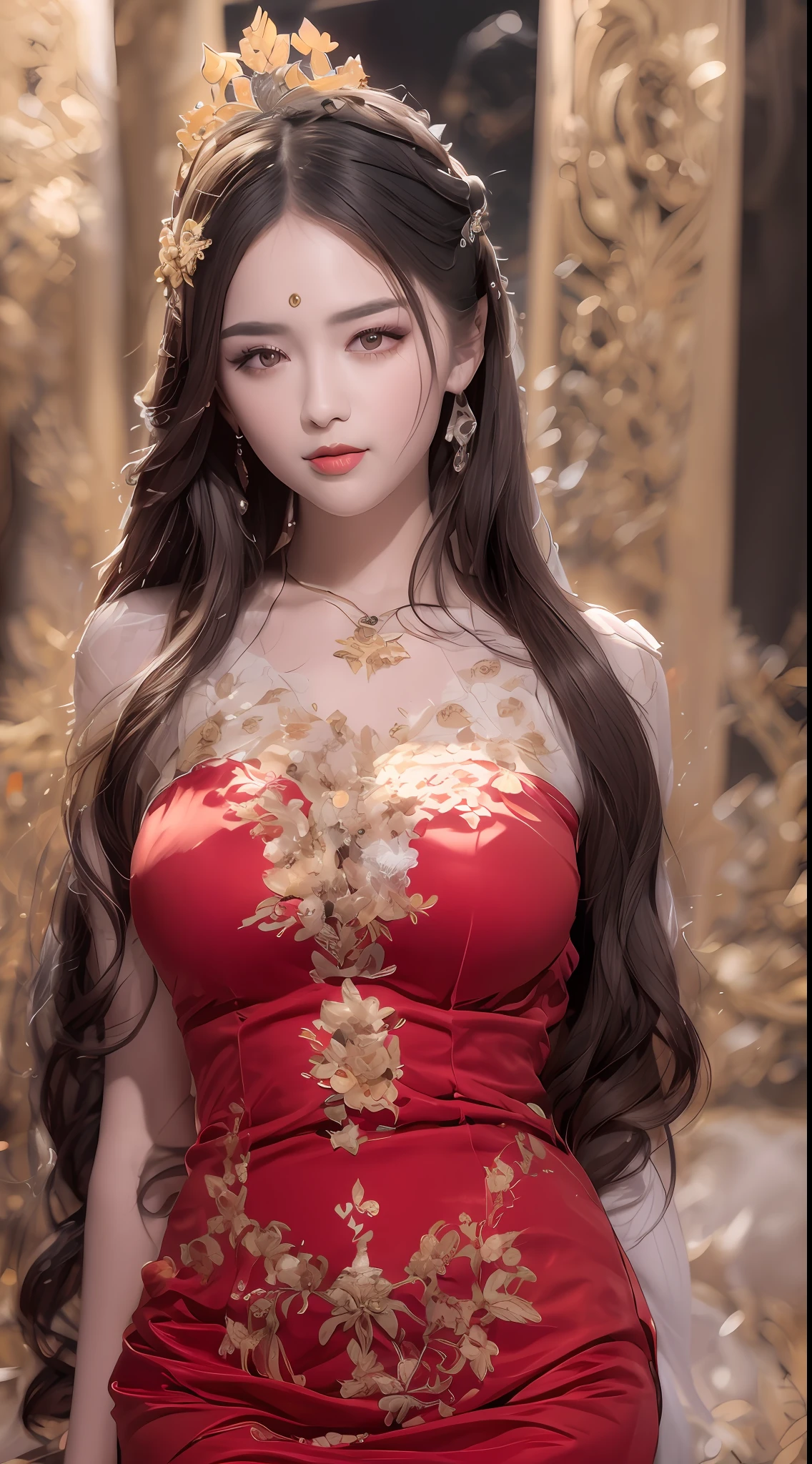 Portrait of a young 20-year-old saint, a saint with a beautiful and super cute face,Wearing a thin red dress with gold edging and glittering and sexy, Ao dai is studded with small sparkling pearls, beautiful cute face, Ao dai with a deep slit in the chest and attractive black and white lace trim, beautiful face without blemishes, shut up, ((long hair seven colors rainbow:1.2)), big crown, hair brooch, hanfu dress, chinese ancient style, full body jewelry, forehead tattoo, The female saint's breasts are round and very full, breast augmentation, innocent face, The most beautiful and detailed light red lipstick, ((Thin plump lips:0.3)), ((Golden eyes:1.2)), The eyes are delicately decorated,(white and detailed) cinematic, light and dark, dramatic lighting, magical light, extremely detailed light, true color, super sharp, realistic, 8k quality, fantasy universe background, saints and magical space, the most detailed images, Solo, a saintess, ((looking directly at the saint's upper body:0.4)), ((smooth skin:0.5)), Extremely detailed pixels, super true, extremely detailed and complex graphics, the highest resolution, close-up portrait,