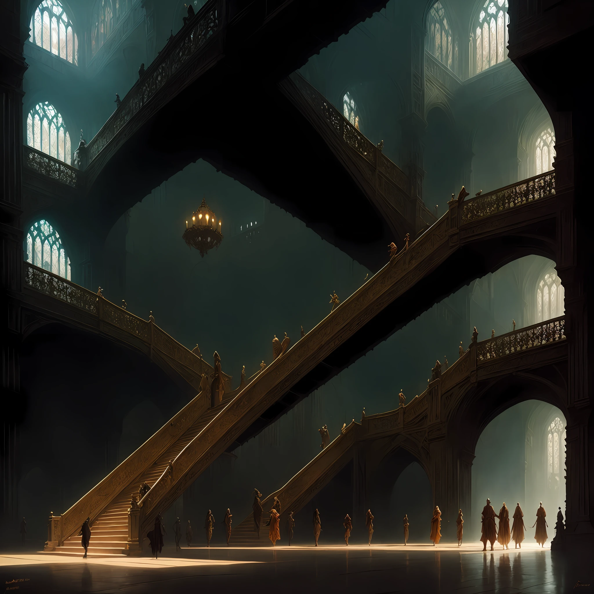 There are two people standing in a large building with a staircase, arte conceitual atmosfera deslumbrante, dramatic concept art, elegant cinematic fantasy art, Marcos Simonetti. intrincado, arte conceitual impressionante, atordoante! arte conceitual, dramatic lighting. arte conceitual, bela arte conceitual, Andreas Rocha e John Howe, Estilo de Marc Simonetti, magical concept art, cinematic fantasy painting