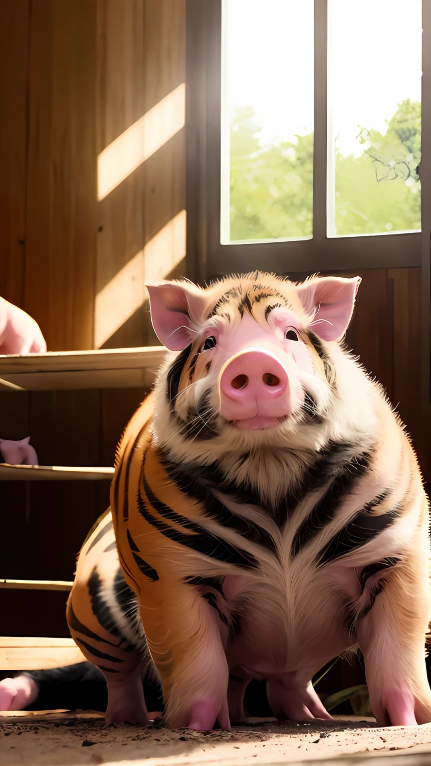 pigs, (Pigs with tiger stripes), (Fat Chubby), In the pigsty, the face, ssmile, 8K, profesional photo, delicated, Pubic area is clear,, pigsty, rays of sunshine, light leaks, tmasterpiece, ((prette)), (Realistis),
