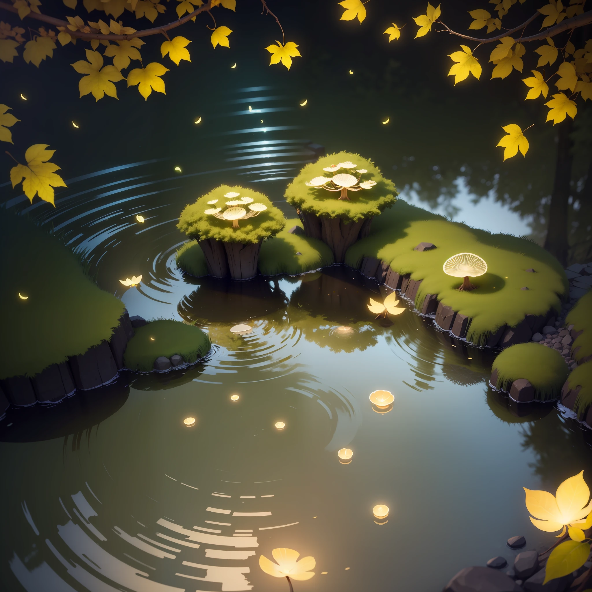A masterpiece, The best quality, stunning reflections, Best reflection ever. (Very detailed CG Unity 8K wallpapers), (Best quality), (Most Best Illustration), (Best shadows), Forest theme with natural elements. quiet streams, small glowing mushrooms surrounded by delicate leaves and branches, with fireflies and glowing particle effects,, (nature elements), (Leaves), (tree branch), (glowworm), Butterflies, (Delicate leaves), (Glow), (particle fx). , Isometric 3D, Octane rendering, Ray traching, Super detailed