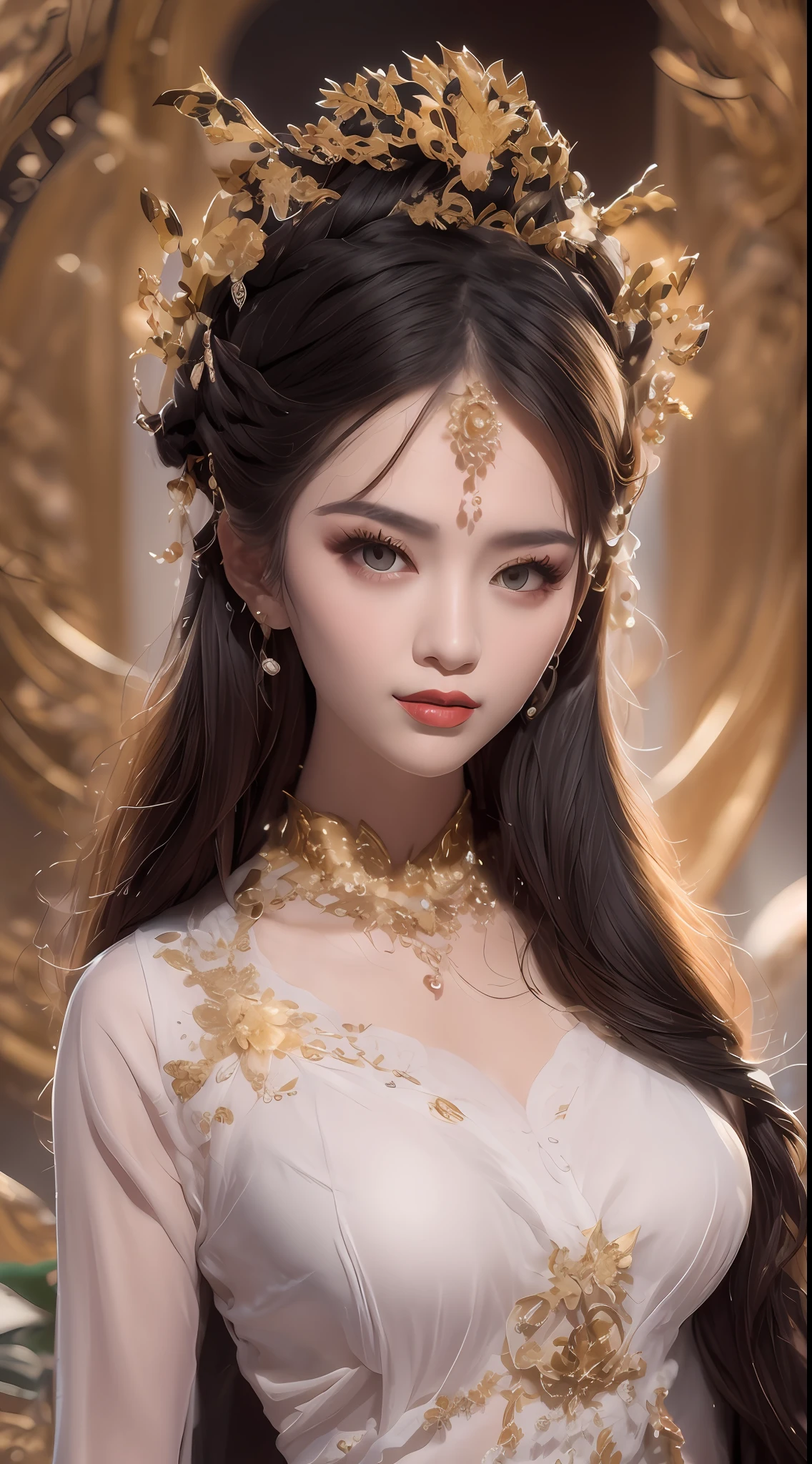 Portrait of a young 20-year-old saint, a saint with a beautiful and super cute face,Wearing a thin red dress with gold edging and glittering and sexy, Ao dai is studded with small sparkling pearls, beautiful cute face, Ao dai with a deep slit in the chest and attractive black and white lace trim, beautiful face without blemishes, shut up, ((long hair seven colors rainbow:1.2)), big crown, hair brooch, hanfu dress, chinese ancient style, full body jewelry, forehead tattoo, The female saint's breasts are round and very full, breast augmentation, innocent face, The most beautiful and detailed light red lipstick, ((Thin plump lips:0.3)), ((Golden eyes:1.2)), The eyes are delicately decorated,(white and detailed) cinematic, light and dark, dramatic lighting, magical light, extremely detailed light, true color, super sharp, realistic, 8k quality, fantasy universe background, saints and magical space, the most detailed images, Solo, a saintess, ((looking directly at the saint's upper body:0.4)), ((smooth skin:0.5)), Extremely detailed pixels, super true, extremely detailed and complex graphics, the highest resolution, close-up portrait,
