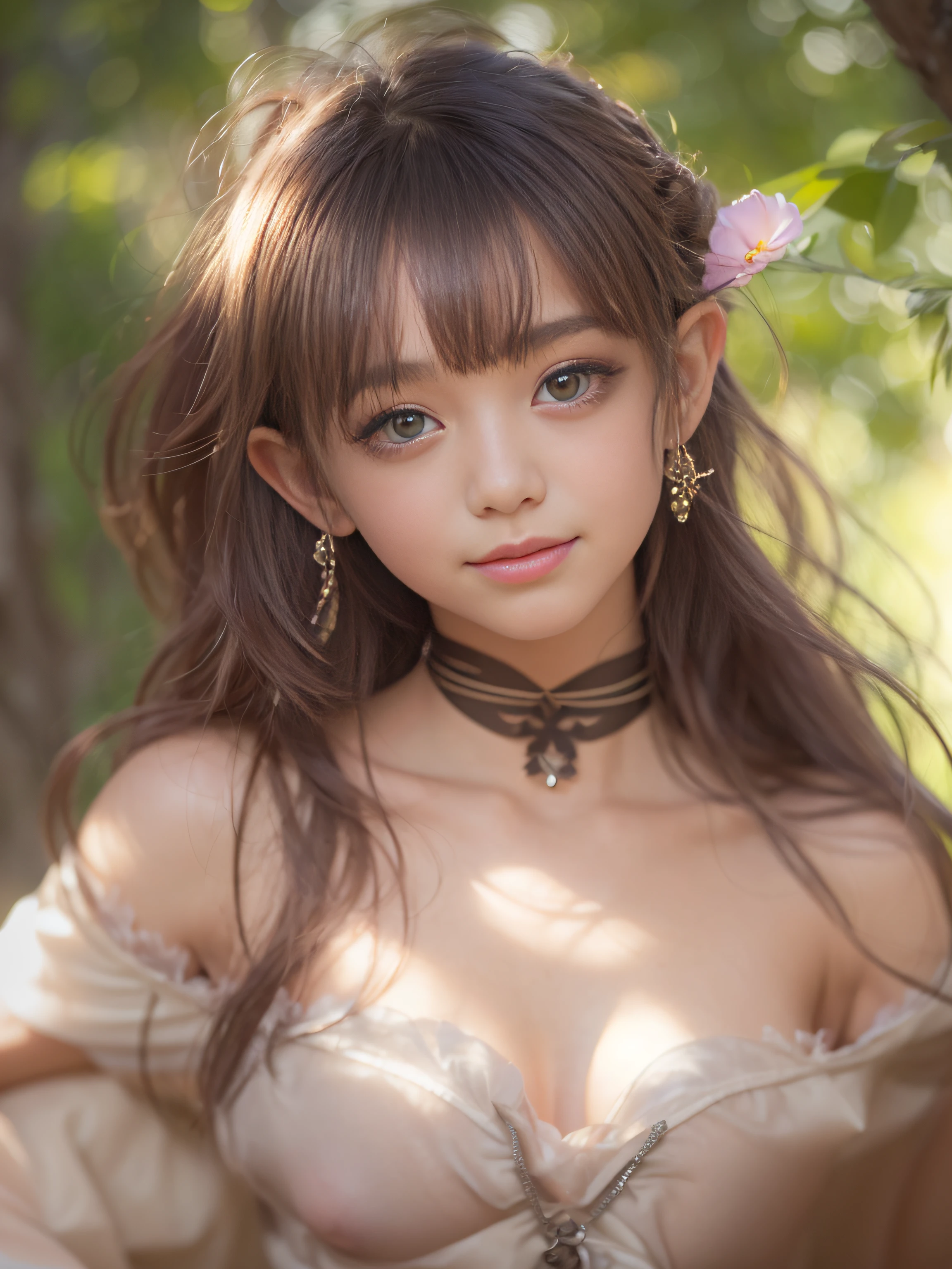 (Highest image quality, Highest image quality, An ultra-high picture quality)、(Raw photo, Realism: 1.4)、(flat chest, Small breasts: 1.5)、((Small breasts))、((Small breasts))、Ultra-fine and beautiful face、(((((1 persons))))),((((Photorealsitic))))、((One girl))、((fully body photo))、(((lensflare))),(((((Back lighting)))))、((In the woods)), sitting on a tree、Leprechaun、elvish、Real Girl、realisitic、Cloak with nude body、((Smiling)),((NIKON　Z))、((((teens girl)))),(((Smaller bust))))、(((toppless)))、(((pore feel)))、(((Muscle feeling)))、(((photorealisim:6, realisitic)))、Perfect lower body shape、thighs thighs thighs thighs、bow ribbon、pale-skinned、watching at viewers、Small waist