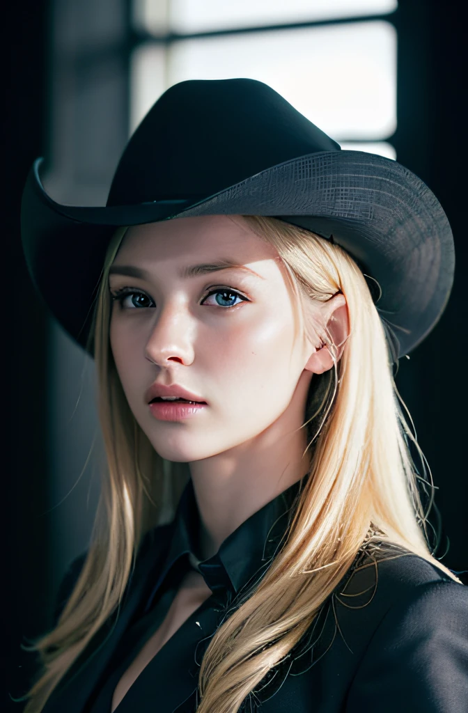 Best quality, masterpiece, ultra high res, (photorealistic:1.4), raw photo, 1girl, blonde hair, blue eyes, detailed eyes and face, black suit, dynamic lighting, in the dark, deep shadow, low key, cowboy shot full-lenght body