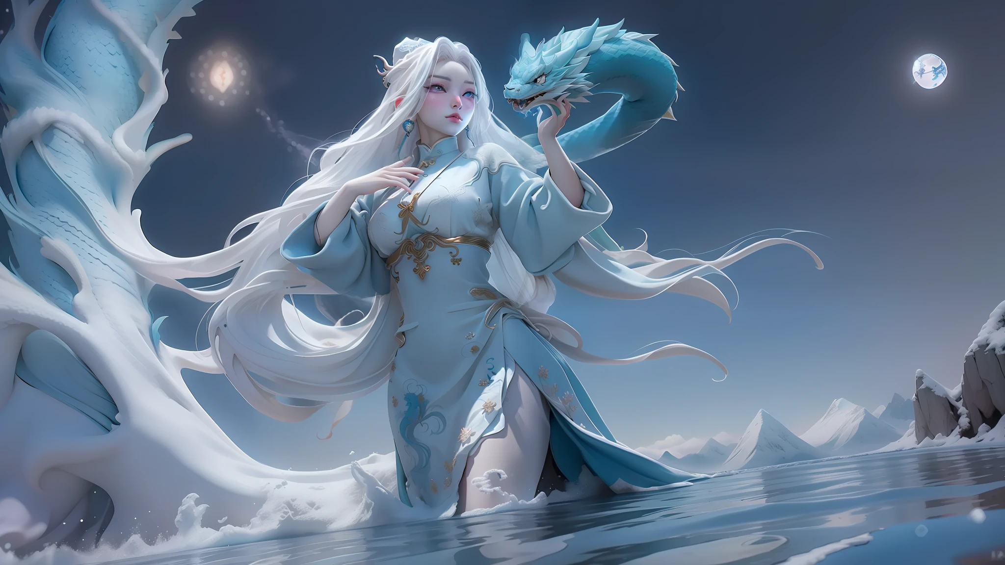 A woman wearing a white dress，A hand wrapped around the water dragon，Perfect facial features，Snow-capped mountains in the background，queen of the sea mu yanling, Beautiful celestial mage, heise jinyao, full-body xianxia, ice sorceress, White-haired god, inspired by Ju Lian, Yun Ling, Inspired by Lan Ying, goddess of winter, Inspired by Ai Xuan, queen of ice and storm