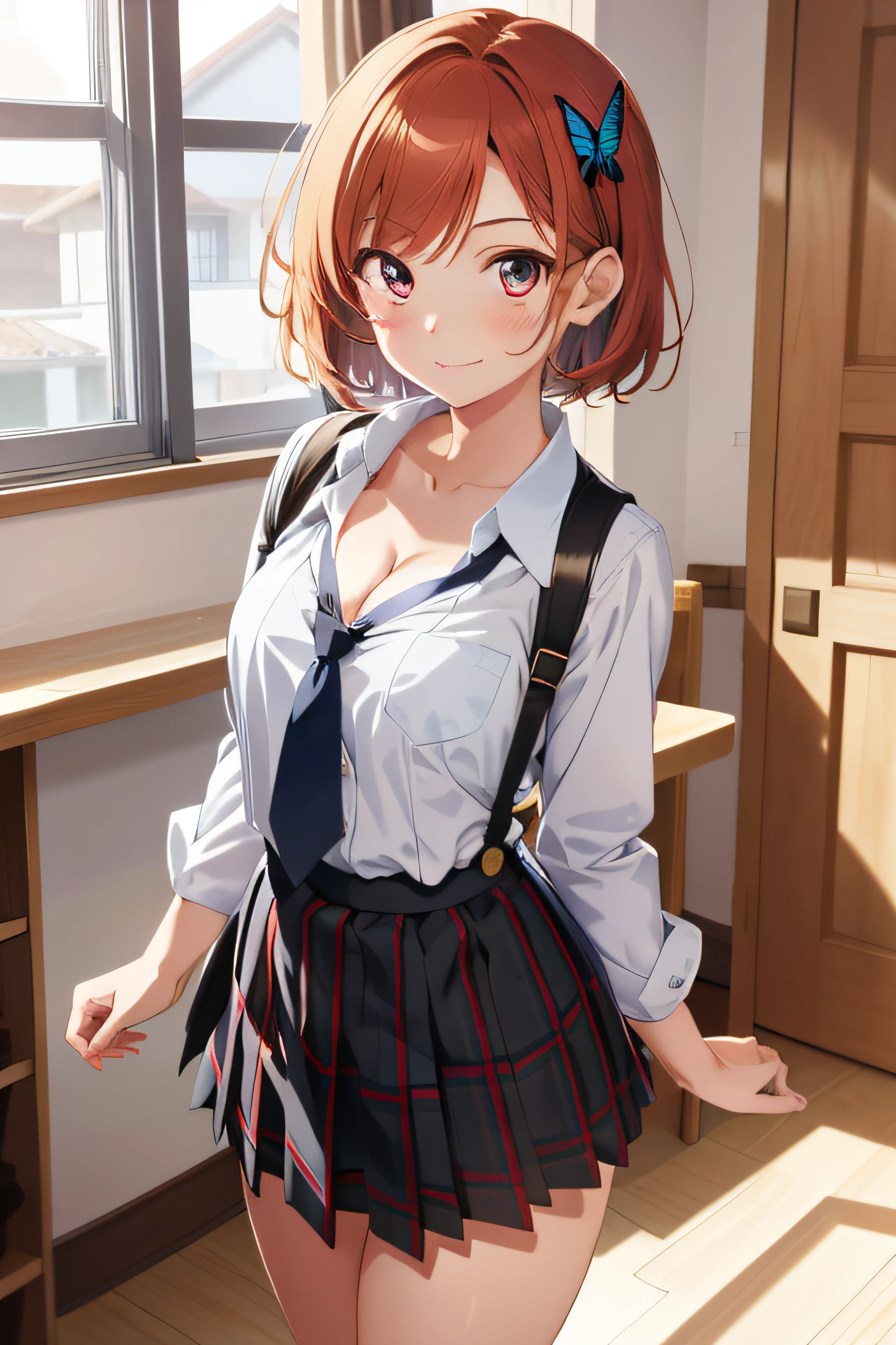 masterpiece, best quality, absurdres, perfect anatomy, 1girl, solo, Sena Kashiwazaki, short hair, butterfly hair ornament, st. chronica academy school uniform, dress shirt, plaid skirt, downblouse, cleavage, leaning forward, arms behind back, standing, smile, red hair, white eyes