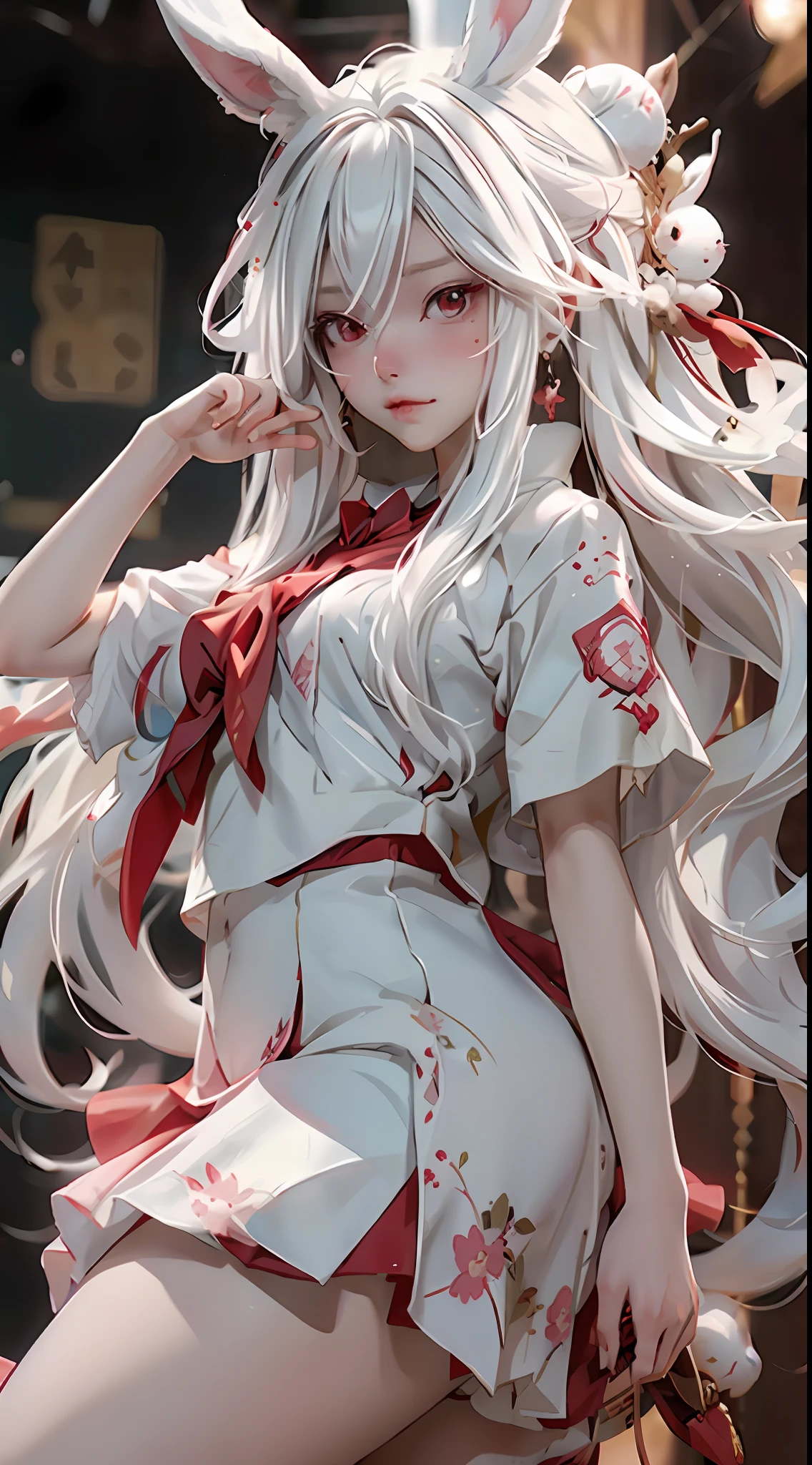 Anime girl with white hair and bunny ears, red eyes, shy blush, school uniform