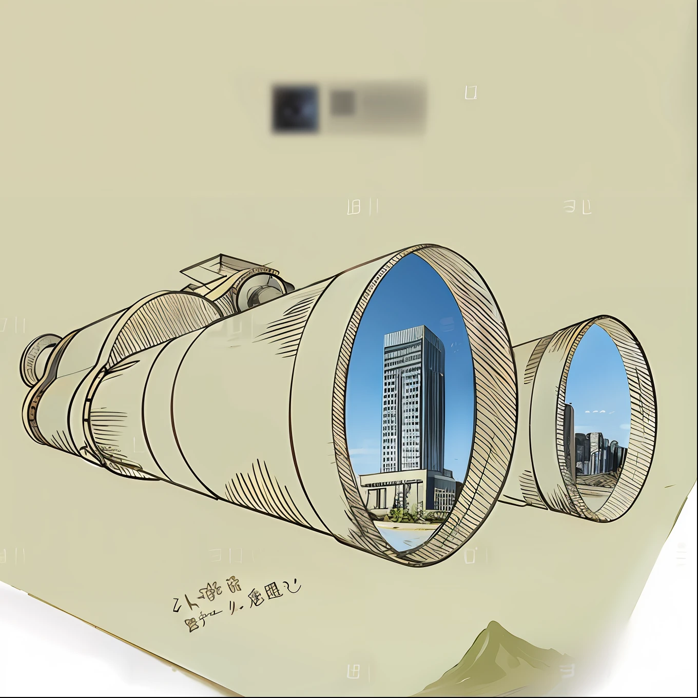 There is a drawing of a telescope，The background is a city, Deformed illustration, high quality of sketching, Commercial illustration, perspective wide angle view, Perspective view, one-point perspective, big monocular, flat perspectives, perspective shot, Sharp focus clarification, Architectural illustration, low angle perspective, 2 - point perspective, eyelevel perspective image, two point perspective