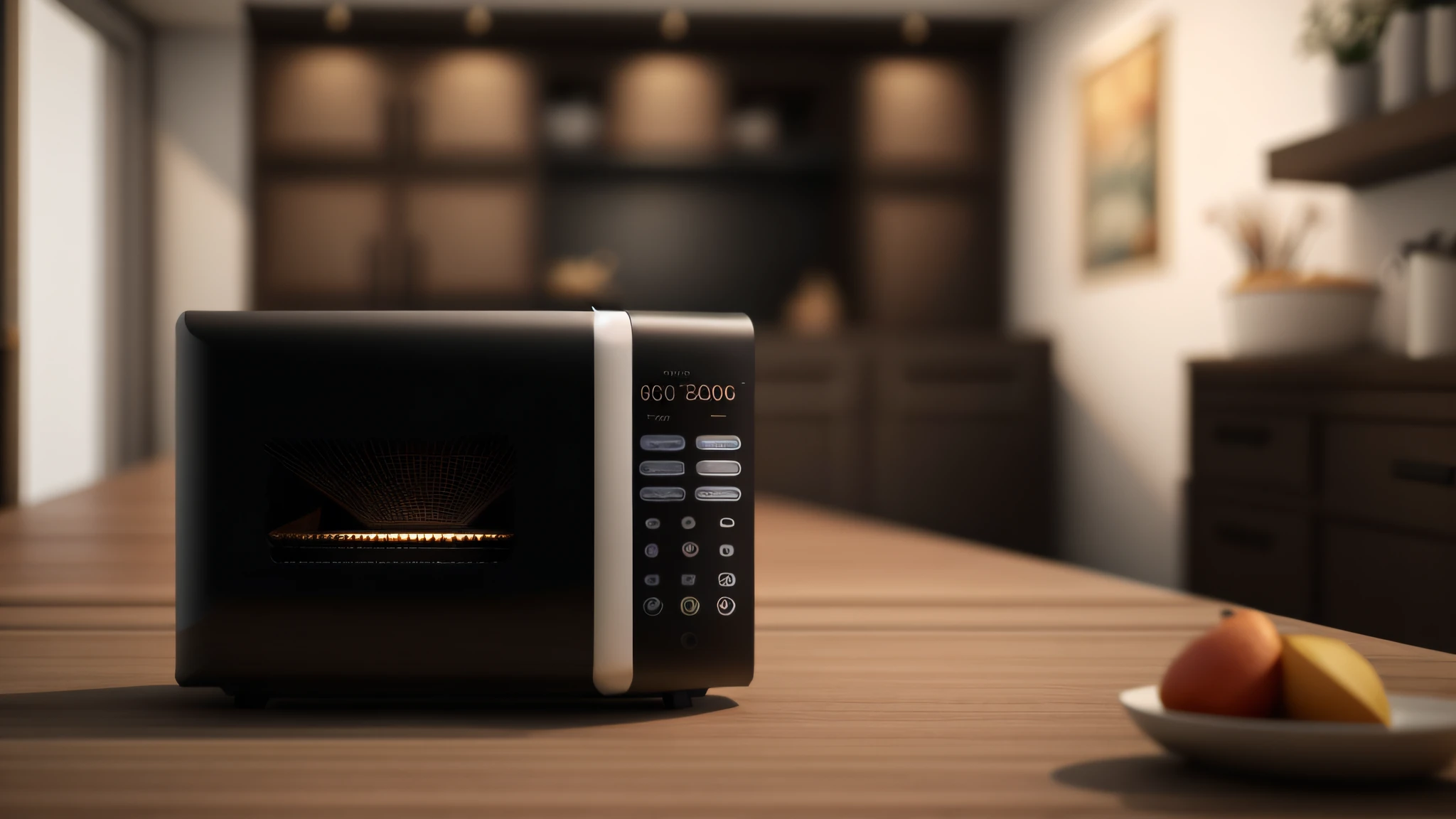 Air fryer placed on the table，Interior design of modern style, Realistic, Photorealistic, 8K, strong light on meeting table，Chiaroscuro, hyper HD, Best picture quality ,realisticlying，Foto realism，cupboard，Lens perspective blur，Bright lights，Realistic lighting，Dark kitchen