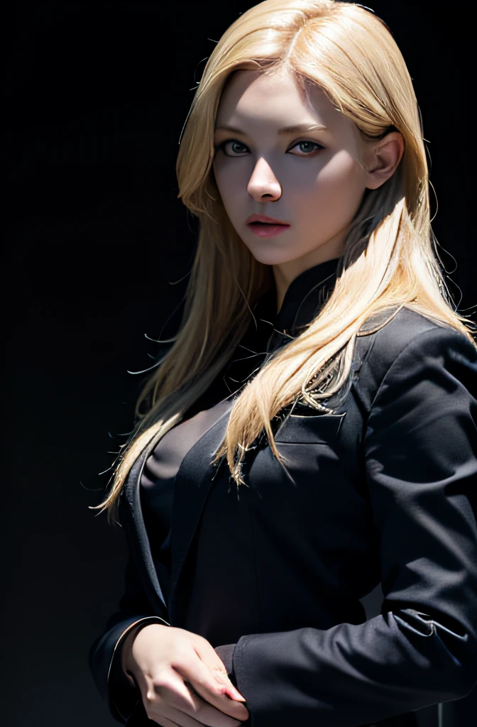 Best quality, masterpiece, ultra high res, (photorealistic:1.4), raw photo, 1girl, blonde hair, blue eyes, detailed eyes and face, black suit, dynamic lighting, in the dark, deep shadow, low key, cowboy shot full-lenght body