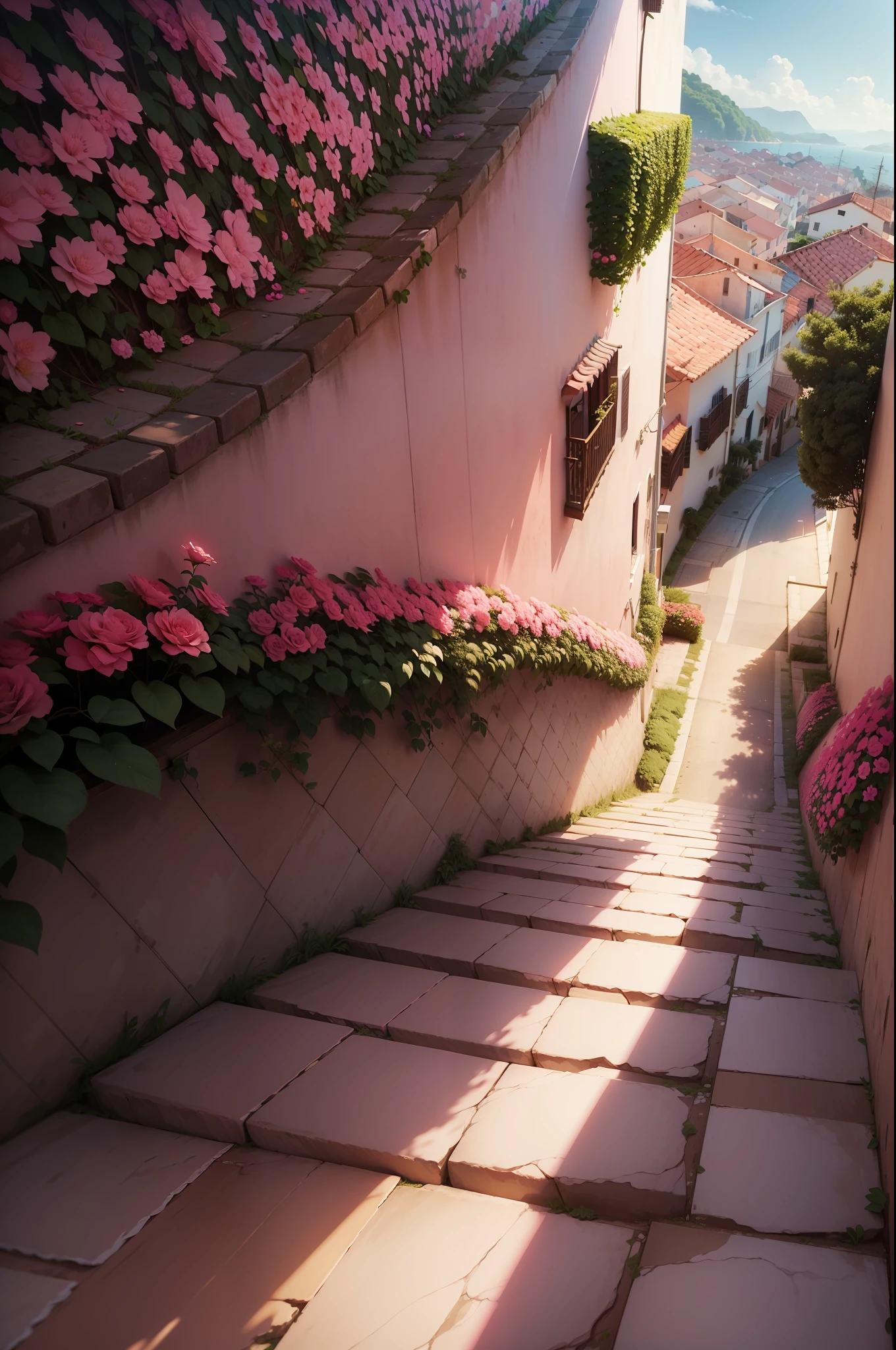 Uma varanda com rosas pink em arbusto, escadaria branca, vista para o mar, Obra-prima, melhor qualidade, (papel de parede 8k de unidade CG muito detalhado) (melhor qualidade), (best illustration), (melhores sombras)