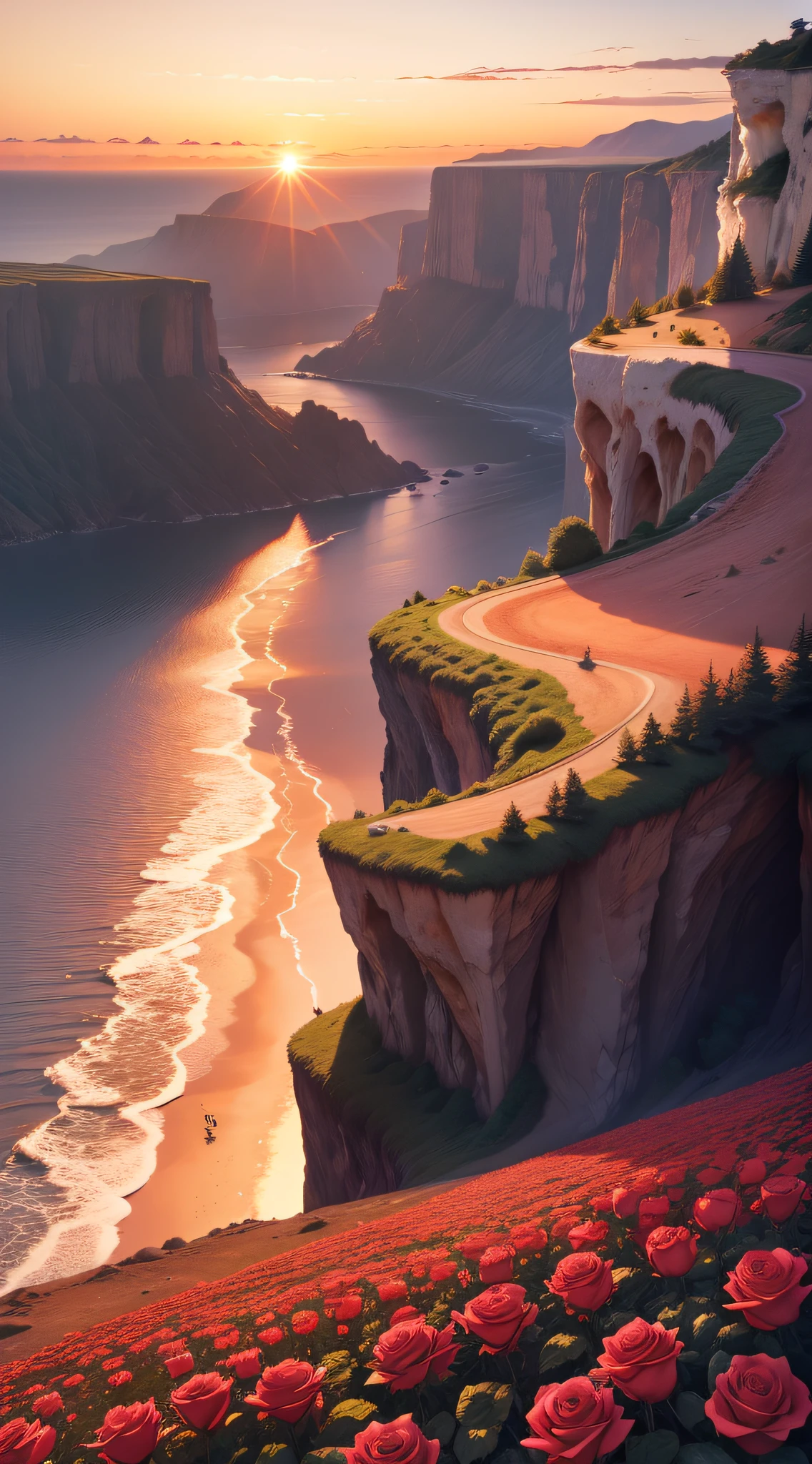 (Rose bed，At 4K resolution，It shows the view of the cliff at sunrise)
