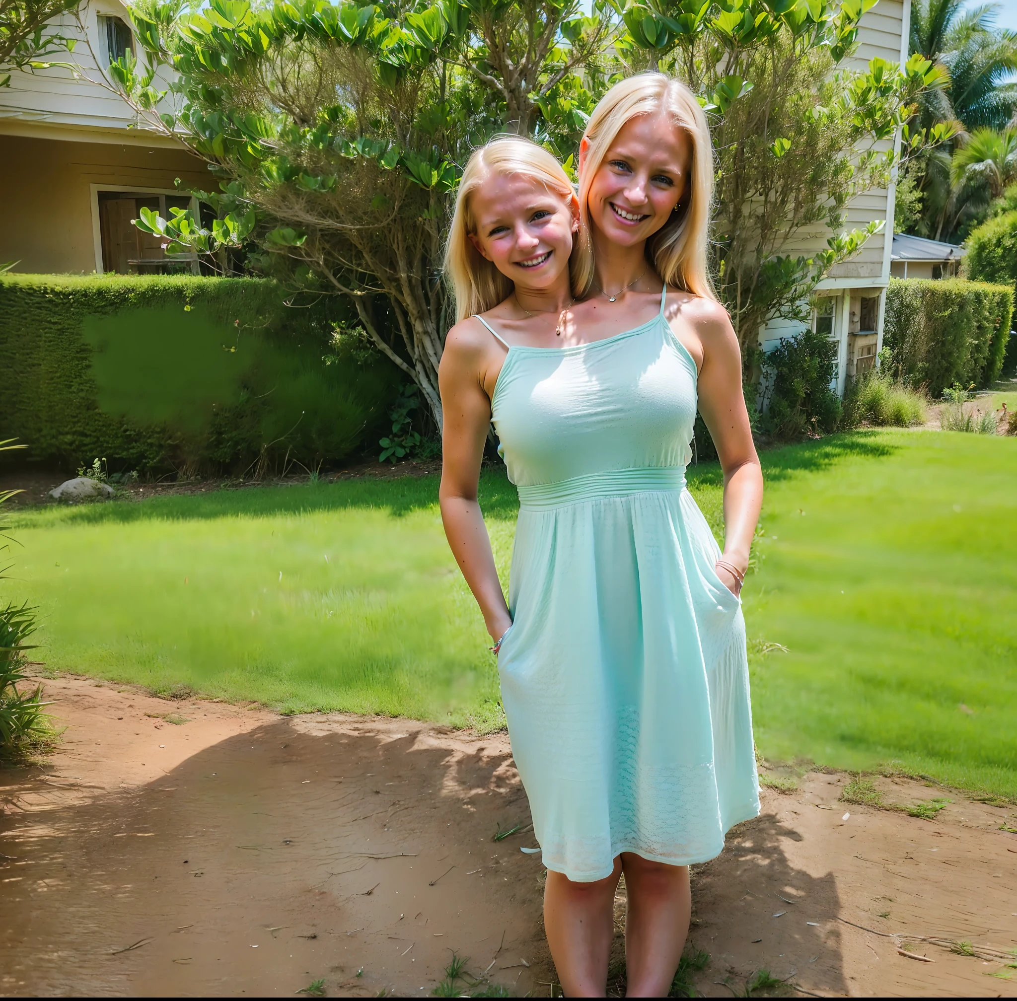 2heads, two headed girl, (mom and daughter:1.5), (young child:1.5), (female:1.5), (blonde:1.5), (two heads attached to one body:1.4), conjoined twins, heads side by side, one body, young, uncomfortable, barefoot