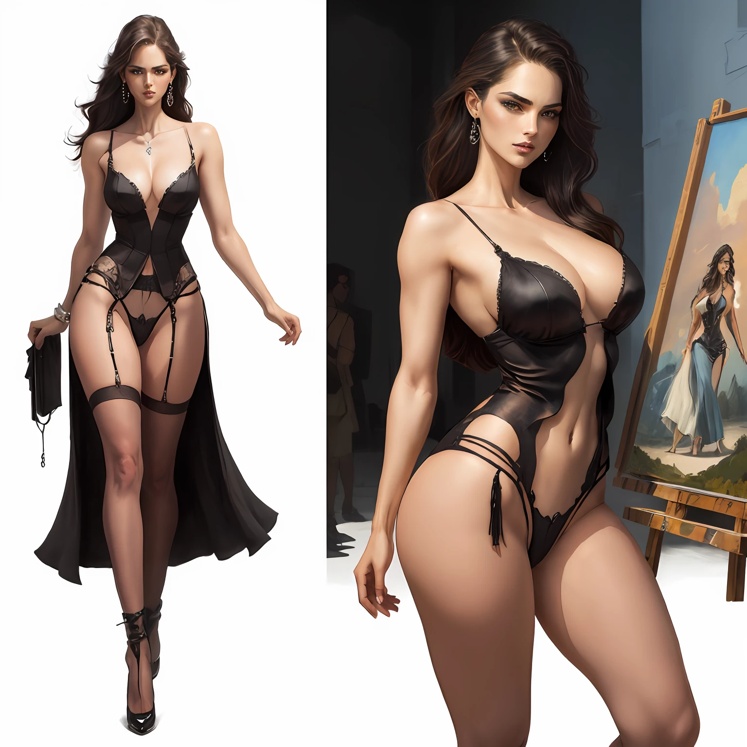 Illustration art，Whole body movement，Sexy woman in sexy clothes，murderess，Very cool facial expression，Side to the audience，Gorgeous background，Great erotic art，painting art，Sexy art，Detailed body part details，long leges，Inspired by J.c.Ryan Decker，Epic European and American illustrations，Tall，The whole body is evenly sexy