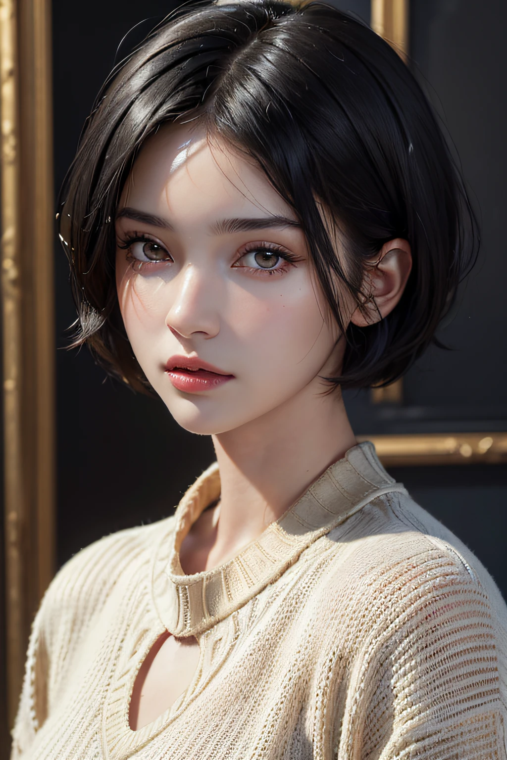 (masterpiece:1.3), (8k, photorealistic, RAW photo, best quality: 1.4), (1girl), beautiful face, (realistic face), (black hair, short hair:1.3), beautiful hairstyle, realistic eyes, beautiful detailed eyes, (realistic skin), beautiful skin, (sweater), absurdres, attractive, ultra high res, ultra realistic, highly detailed, golden ratio