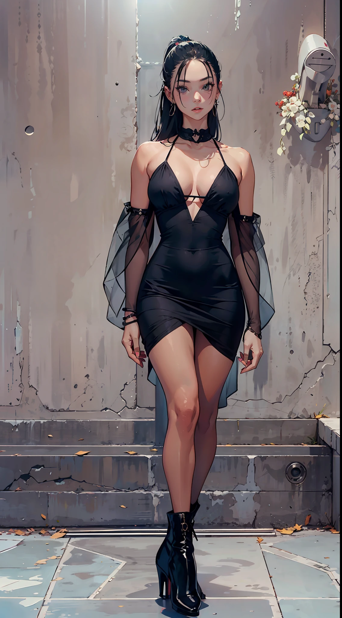 1girll,beauitful face,Celebrity,High ponytail,healthy figure,black color dress,There is black transparent gauze on the chest,Bare legged,Black booties,tmasterpiece,8K,high qulity,