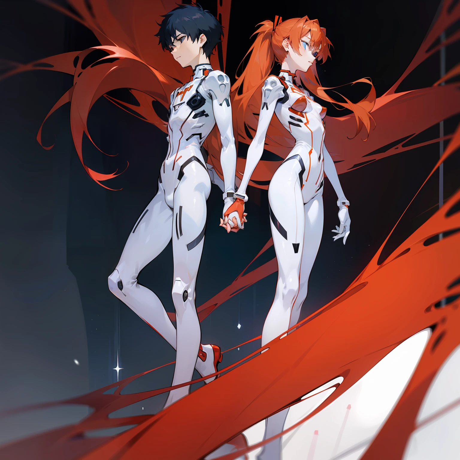 Asuka Langley, femele, Lovers holding hands, and Shinji Ikari, A Man,. There is no height difference between men and women, Woman wears a red plug suit, Men wear white and blue plug suits, men's hair is short and black,,,,