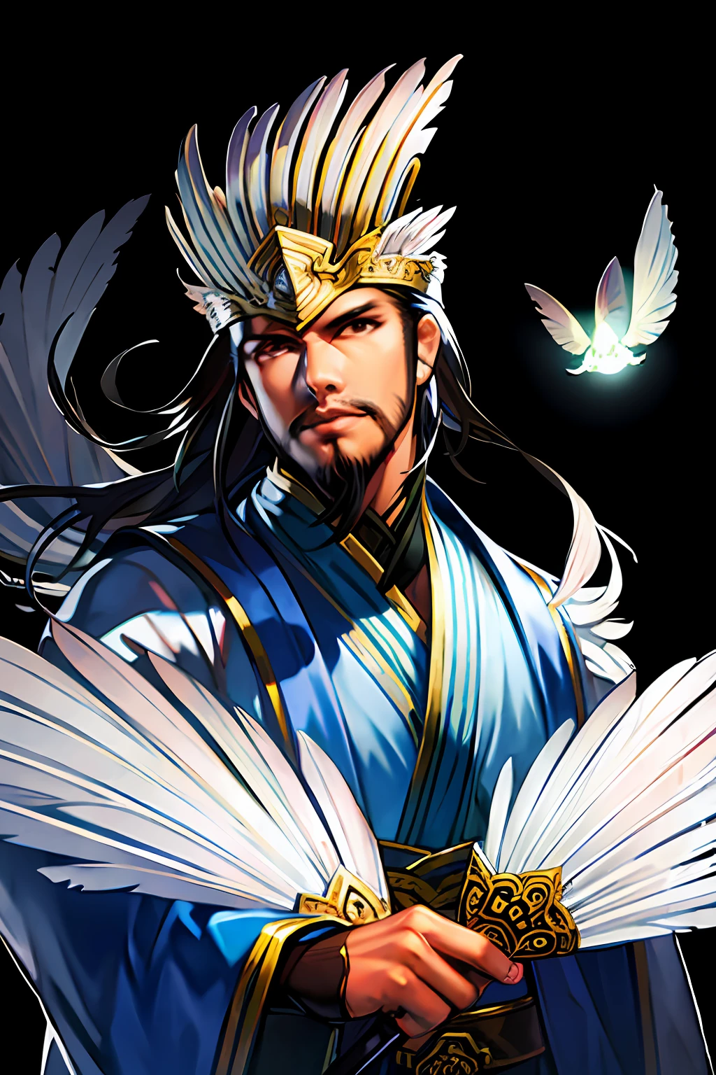 1boy,(8k,Best Picture Quality,tmasterpiece:1.4),final fantasy,(fantasy),(lamplight),solo,white chinese chat,chinese clothes,(handle Feather Fan),self-assured