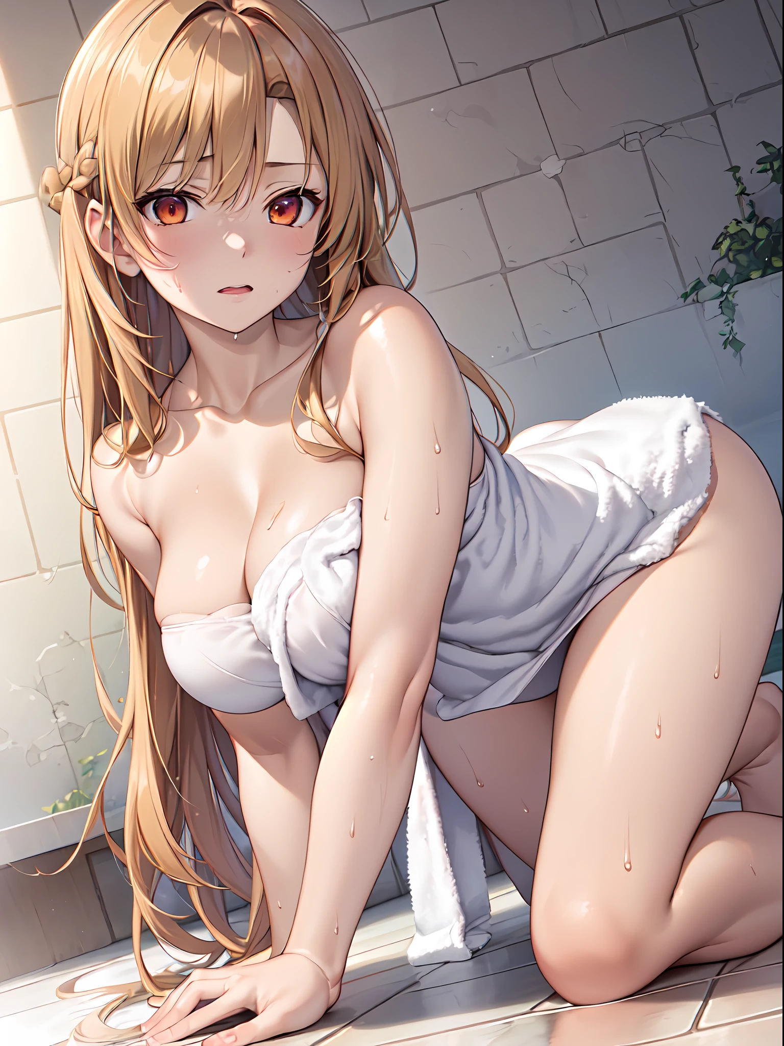 Official art、(Highly detailed CG Unity 8K:1.3)、Perfect litthing、colourfull、Bright Front face Illuminating、(Skindentation),
(Master Pieces:1.5), (best_quality:1.0), Super Hi-Vision, super detailing,upper view,(Bath towel:1.2),Sweat,Seductive smile,
Photo Shot,(Open_Bath towel:1.3),hight resolution,(On all fours:1.4),(from_side:1.4),(absurderes:1.2)、Kodak Portra 400、film grains、Background blur、(bokeh dof:1.2)、(lensflare:1.2)、(vivd colour:1.2),
(cowboys_shot:1.4),during daytime、Sunsight,Face up,((Asuna)),(Asuna Yuki),(Bra with red ribbon:1.3)
((Orange Eyes))、Parted bangs ,Beautiful breasts、perspiring、length hair、(chestnut-colored hair,Maroon hair:1.5)、hugetits、(Solo:1.5),on the beds,(neat figure:1.5)
(a 1 girl:1.5)、18year old、High school students、Beautiful Finger、beautiful long leg、Beautiful body、Beautiful nose、Beautiful character design、Perfect eyes、face perfect、a navel、Beautiful hair,Sweat,Animated,(naughty expression:1.4), (Wet clothes,Bare legs,Exquisite cloth,beautifully detailed eyes,), (Portrait),(bath towels:1.4),(See-through:1.3),
(lovly、Large breasts:1.5)、(Beautiful face:1.5)、(narrowwaist)、delicate patterns、intricate detailes、an anime girl、A seductive anime girl、beautiful alluring anime woman、Beautiful charming anime teen、Smooth Anime CG Art、Beautiful anime girl、charming anime girls、The best girls in anime、beautiful anime woman、oppai、Ecchi anime style、lascivious,Exquisite cloth,Ren Hao、Lace-trimmed legwear、delicate patterns、intricate detailes、red blush、shinny skin、oestrus,(Style image of woman wearing bath towel:1.5)、A seductive anime girl、Small curved ****、Smooth Anime CG Art、beautiful alluring anime teen、photorealistic anime girl render、beautiful alluring anime woman、animesque,Soft lighting、Beautiful anime girl、charming anime girls、Perfect body with realistic shading、