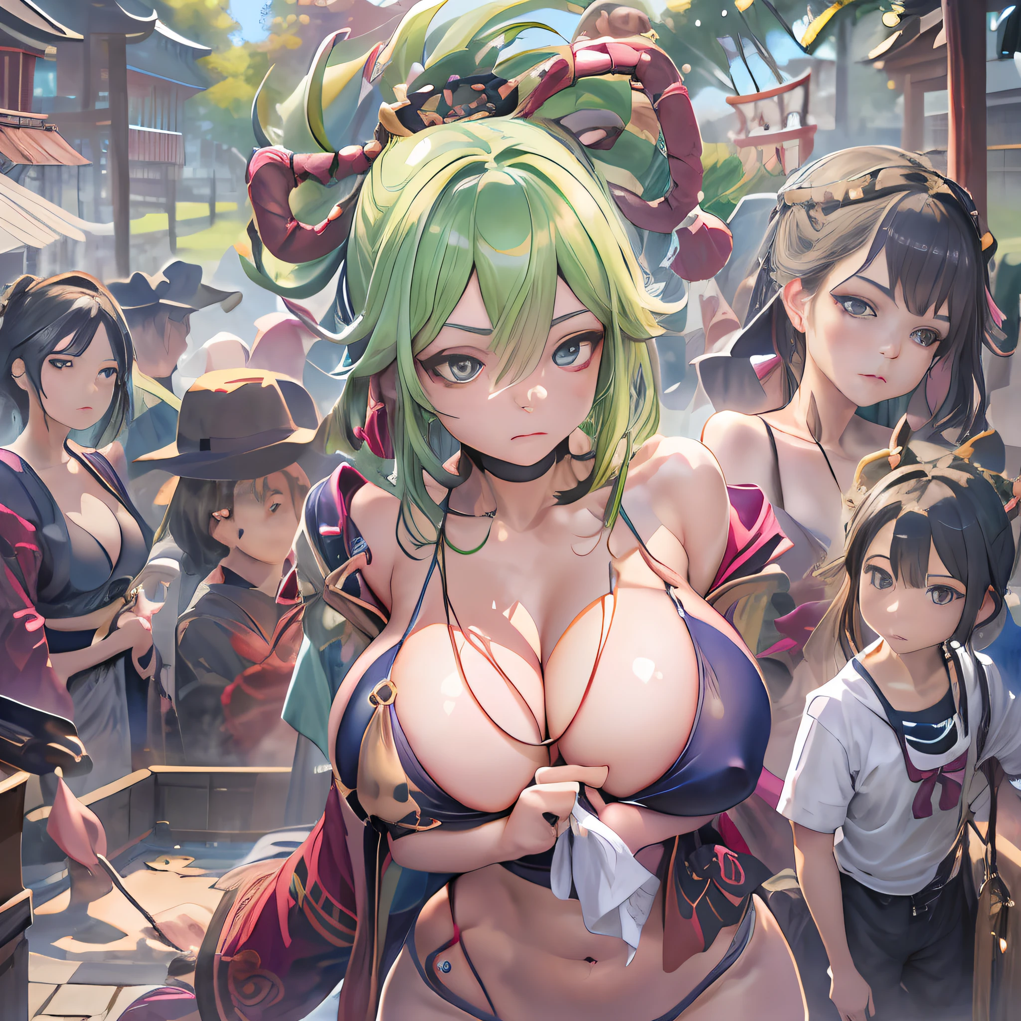 (NSTDA.:1.2), (10, beste-Qualit, master-piece: 1.4), ultra-high resolution, (lifelike, photorealistic portrait: 1.48), 20 age, Cute Girl, (See through the microcolor bikini beetle:1.11), Famous Japanese actors, gigantic breasts, Blue Eyes,Wear glasses., Head tilt, cowboy shot, from the side, looking at the audience, expressionless, Beautiful lake, Zeiss 150mm F/ 2.8 Hasselblad, In Japanese shrines, Whole body, foot, Ultra-Wide Angle