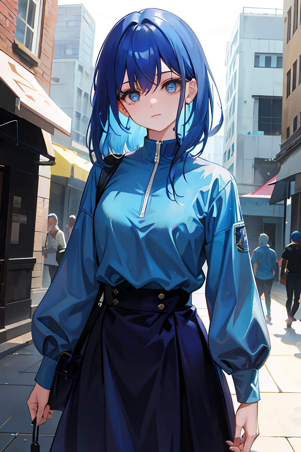 Blue clothes and blue hair,The word FTX is on the clothes