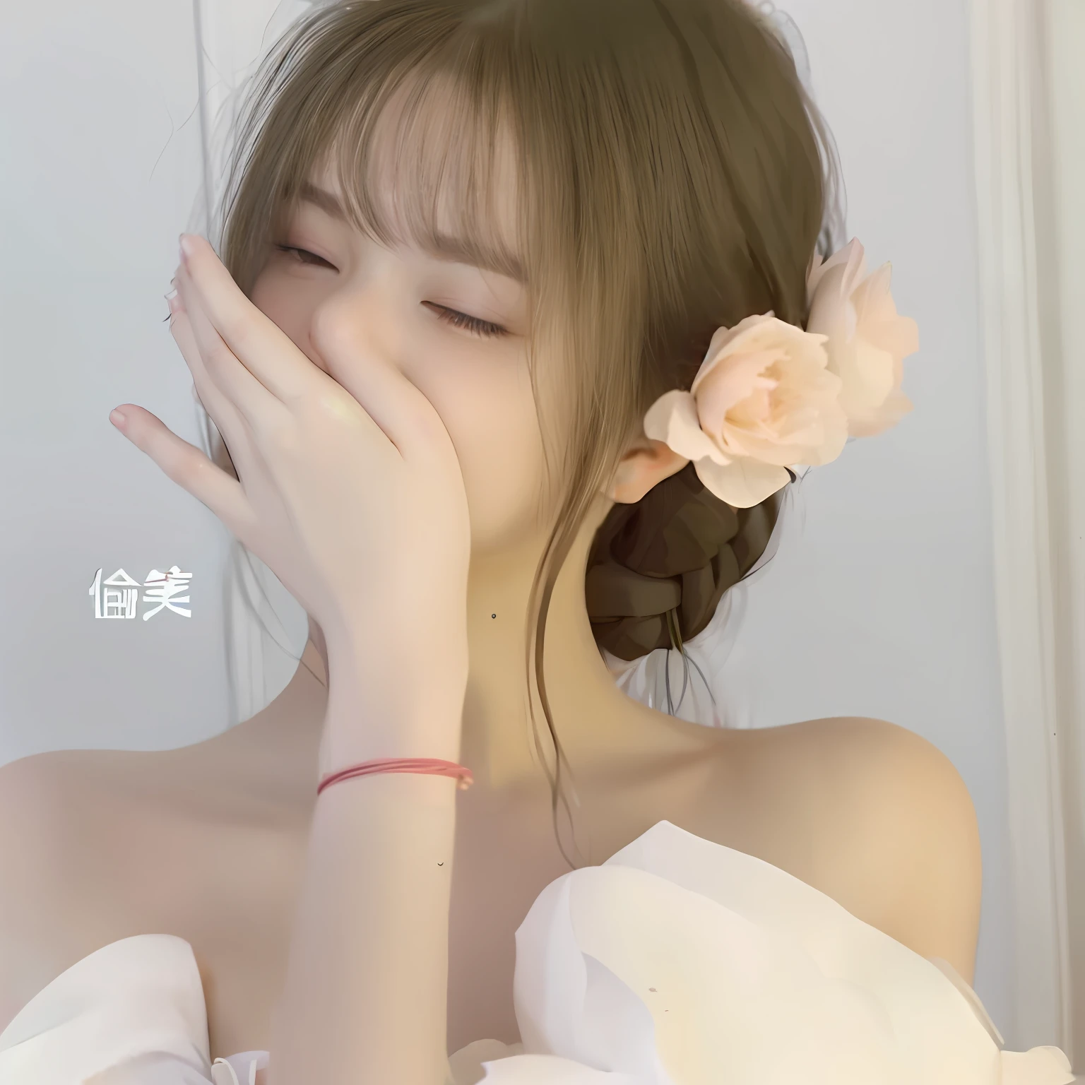 An Araved woman with a flower in her hair covering her face, Middle metaverse, ulzzangs, pale milky white porcelain skin, cute elegant pose, xintong chen, shaxi, white hime cut hairstyle, Yoshitomo Nara, cute delicate face,。