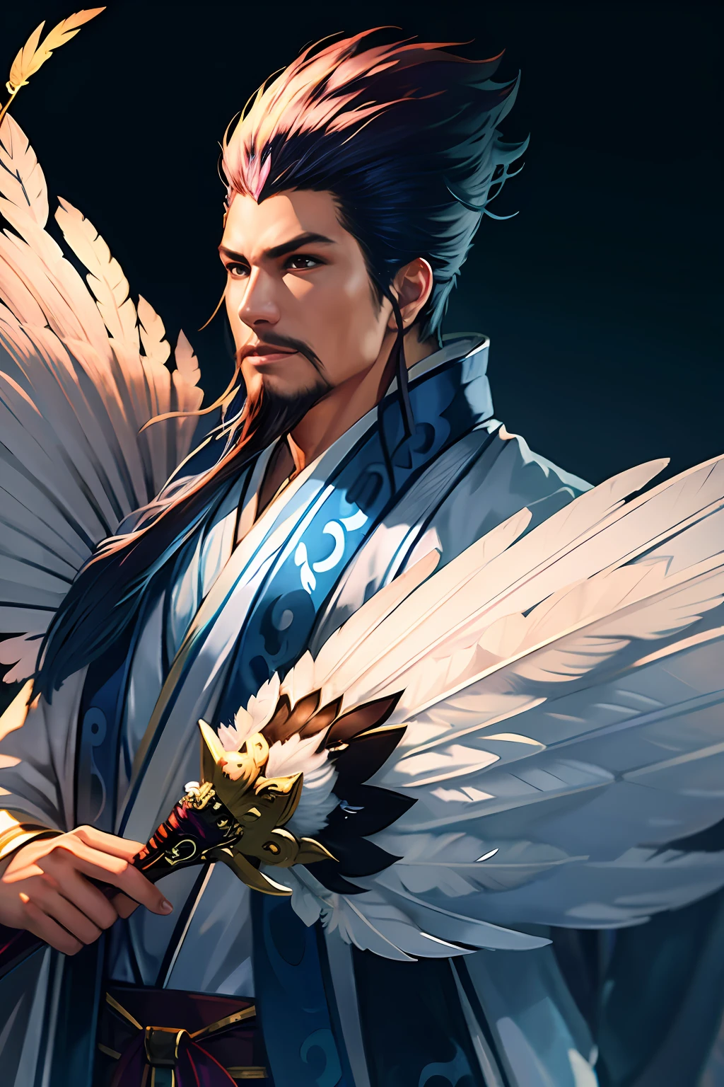 male people，The best 8K picture quality masterpiece（1.4x weighting），final fantasy style，fantasy themed，Efeito de Luz，byself，White Chinese robe，Chinese costumes，Holding a feather fan，floating cloud，chinesedragon，Superb hand-drawing skills，Rich in detail，Perfect facial features