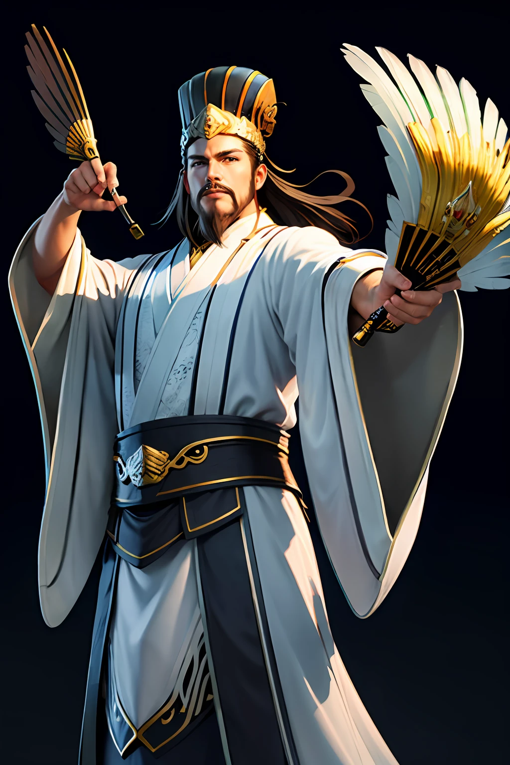 male people，The best 8K picture quality masterpiece（1.4x weighting），final fantasy style，fantasy themed，Efeito de Luz，byself，White Chinese robe，Chinese costumes，Holding a feather fan，floating cloud，chinesedragon，Superb hand-drawing skills，Rich in detail，Perfect facial features